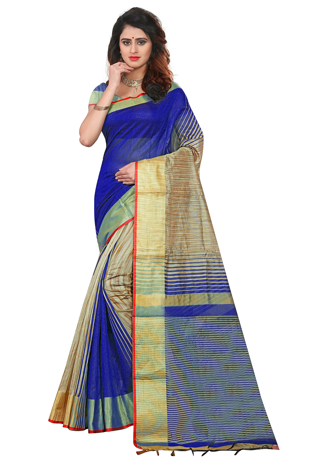 Sadhana Jhalar Poly Cotton Silk Saree - Cotton Silk, 5.5 Mtr Length, 0.8 Mtr Blouse, Pink, Green, Black, Blue Colors, Laces Closure, Plain Pattern
