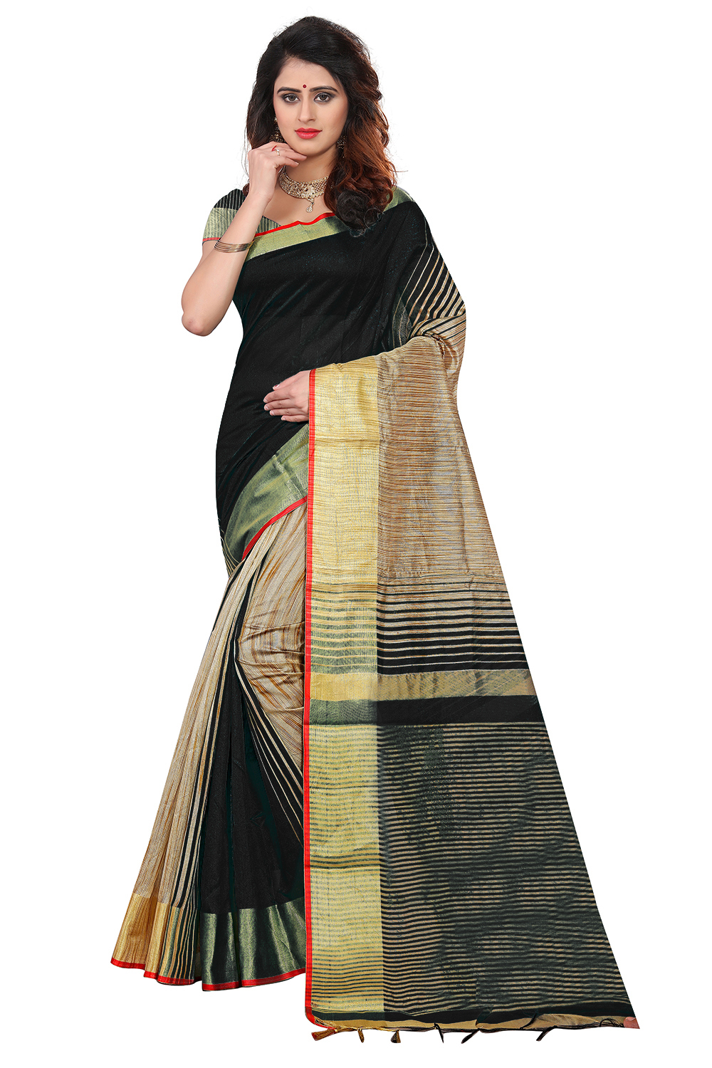 Sadhana Jhalar Poly Cotton Silk Saree - Cotton Silk, 5.5 Mtr Length, 0.8 Mtr Blouse, Pink, Green, Black, Blue Colors, Laces Closure, Plain Pattern