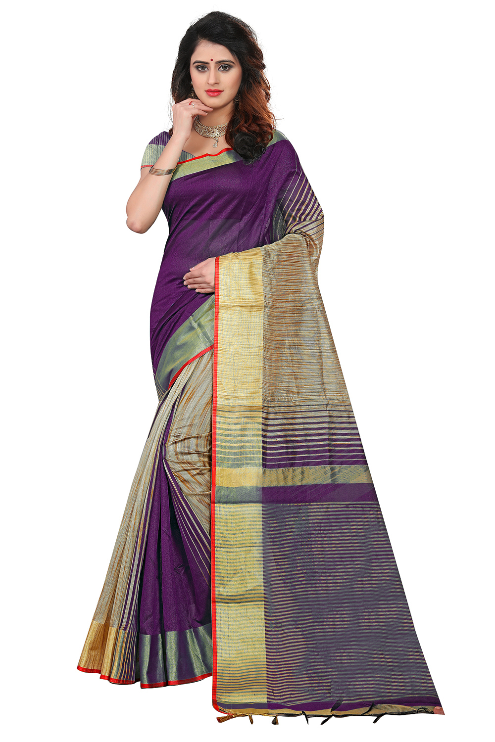 Sadhana Jhalar Poly Cotton Silk Saree - Cotton Silk, 5.5 Mtr Length, 0.8 Mtr Blouse, Pink, Green, Black, Blue Colors, Laces Closure, Plain Pattern