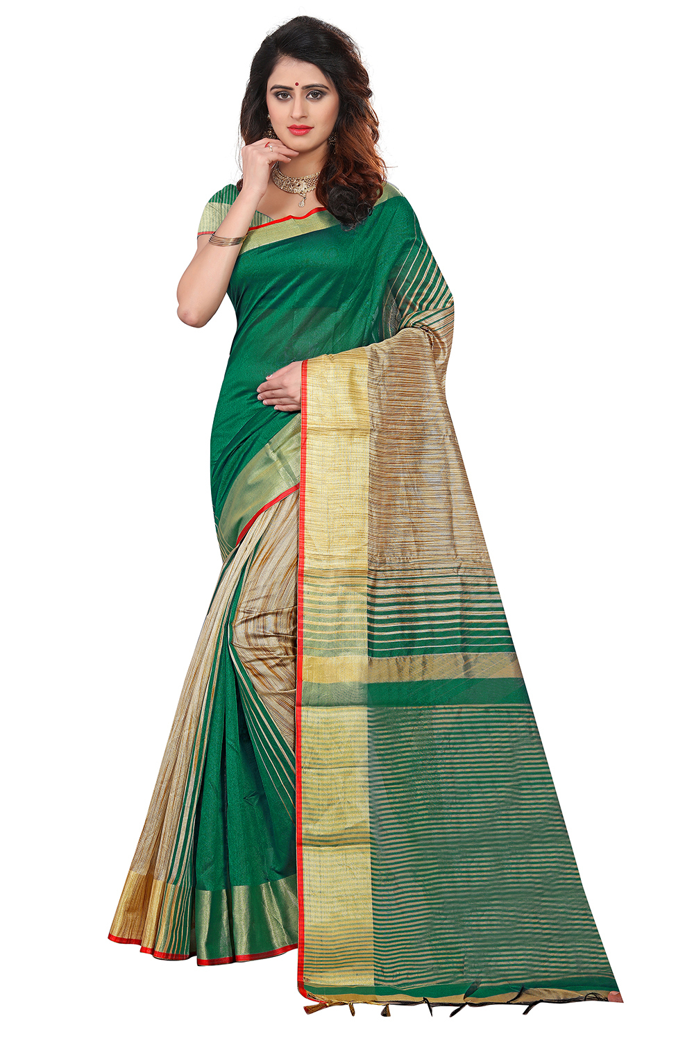 Sadhana Jhalar Poly Cotton Silk Saree - Cotton Silk, 5.5 Mtr Length, 0.8 Mtr Blouse, Pink, Green, Black, Blue Colors, Laces Closure, Plain Pattern