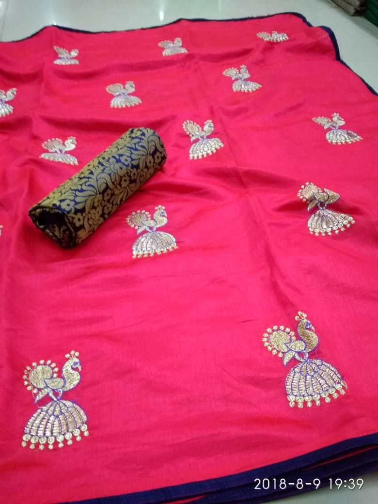 Sana Silk Embroidery Work Saree - Fabric: Sana Silk, Length: 5.5 Mtr, Blouse Length: 0.8 Mtr | Closure: Laces, Color: Red, Green, Pink, Blue, Fabric Type: Art Silk, Pattern: Embroidered, Style: Other Indian