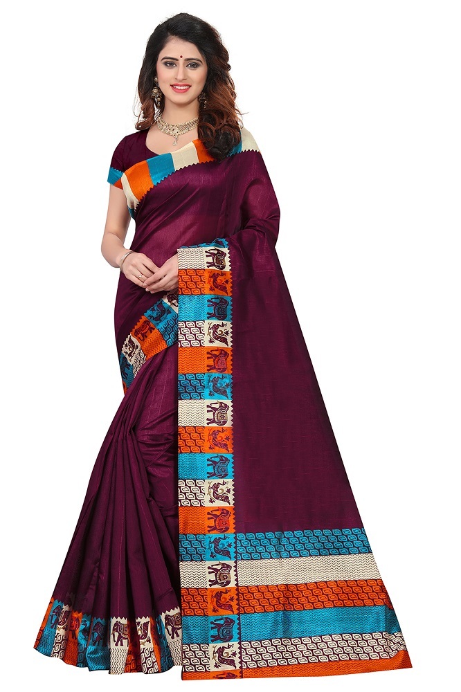 Mala Bhagalpuri Printed Saree - Art Silk Material, 5.5 Mtr Length, Purple & Maroon Color, Plain Pattern, Laces Closure | Women's Elegant Saree Design
