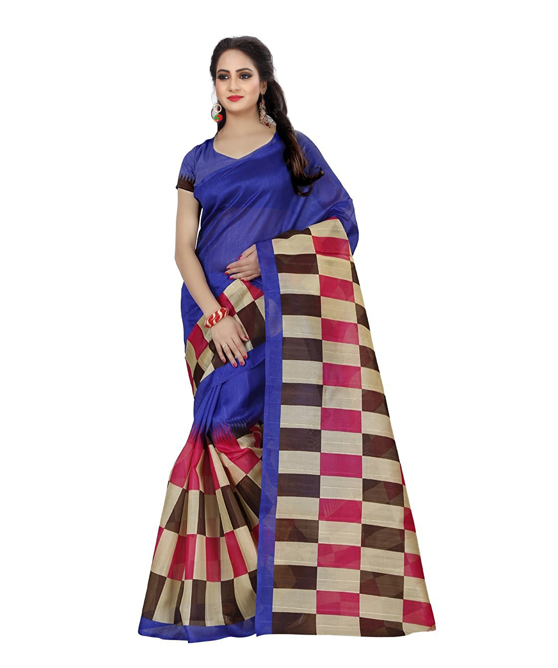 Bhagalpuri Slub Saree - Art Silk 5.5 Mtr Length 0.8 Mtr Blouse | Closure: Laces Color: Red Blue Maroon Pattern: Printed Style: Indian