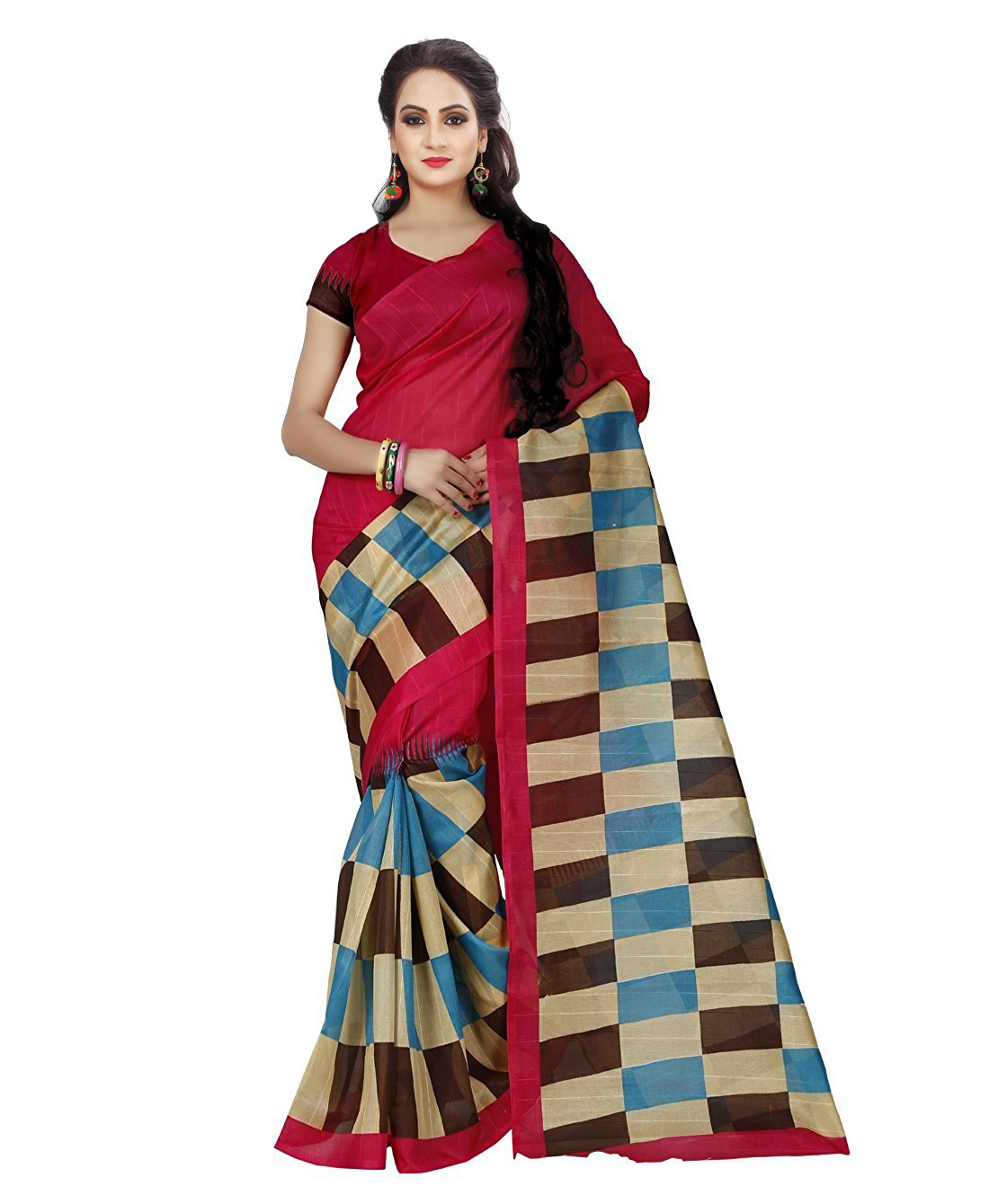 Bhagalpuri Slub Saree - Art Silk 5.5 Mtr Length 0.8 Mtr Blouse | Closure: Laces Color: Red Blue Maroon Pattern: Printed Style: Indian
