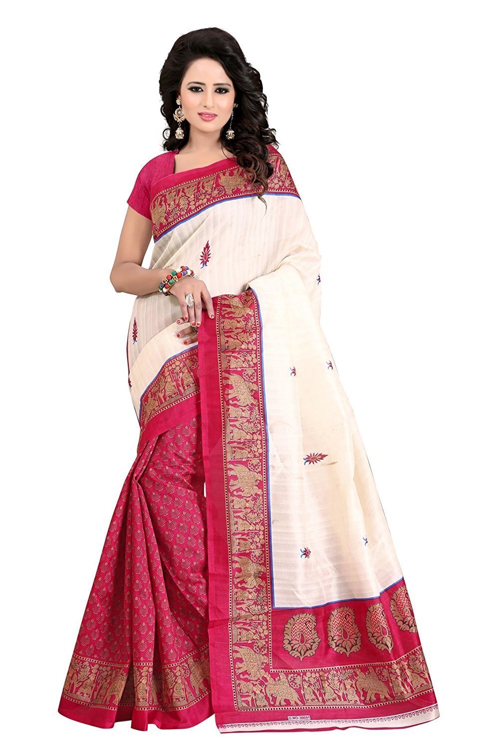 Hathi Ghoda Bhagalpuri Printed Saree - Art Silk, Length 5.5 Mtr, Blouse Length 0.8 Mtr, Colors: Blue, Green, Pink, Red | Lace Closure, Printed Design, Indian Style