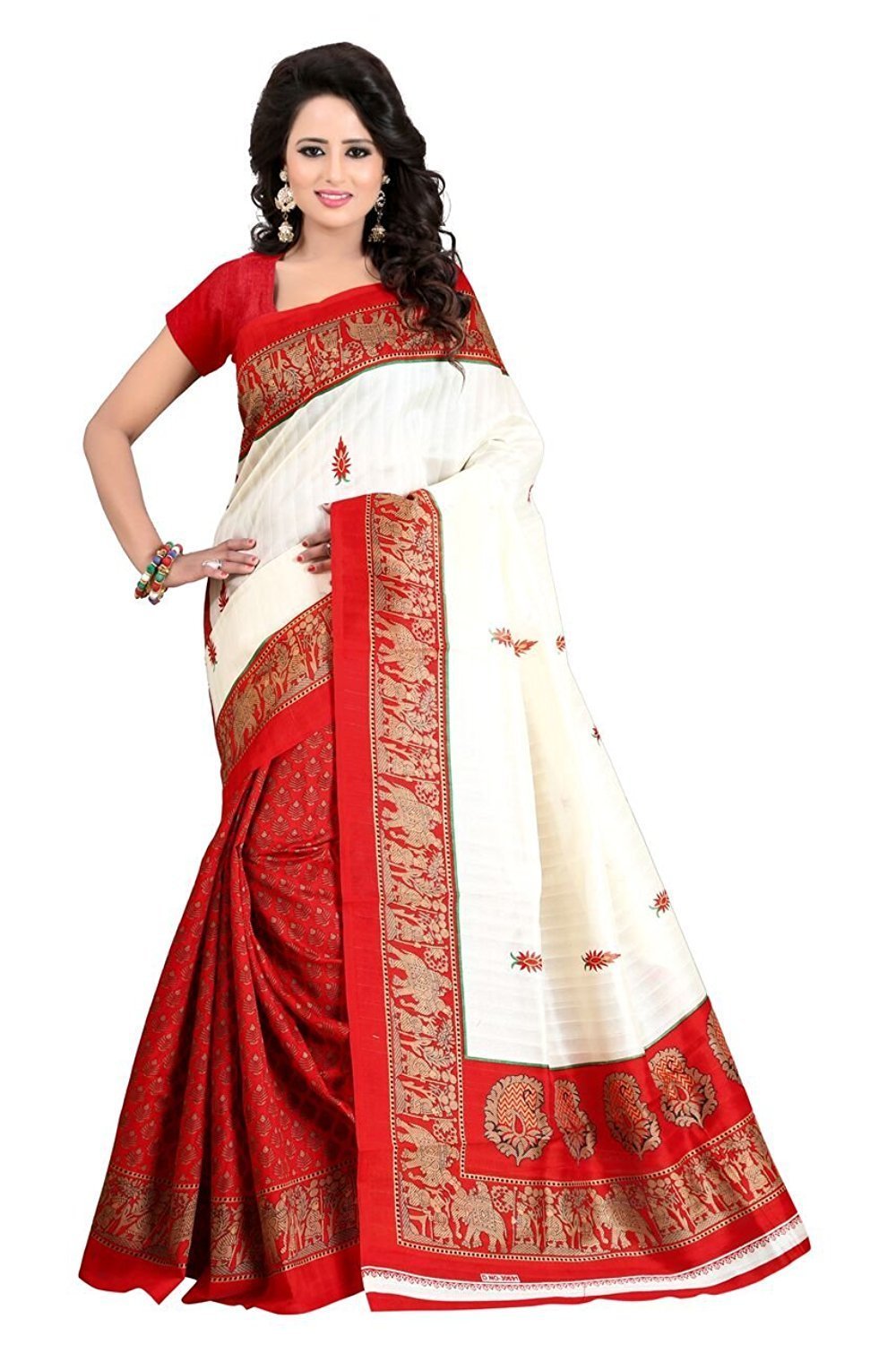 Hathi Ghoda Bhagalpuri Printed Saree - Art Silk, Length 5.5 Mtr, Blouse Length 0.8 Mtr, Colors: Blue, Green, Pink, Red | Lace Closure, Printed Design, Indian Style
