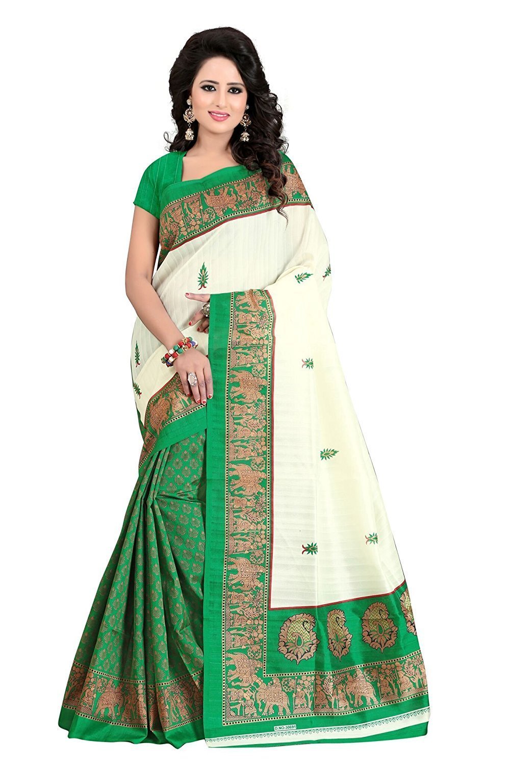 Hathi Ghoda Bhagalpuri Printed Saree - Art Silk, Length 5.5 Mtr, Blouse Length 0.8 Mtr, Colors: Blue, Green, Pink, Red | Lace Closure, Printed Design, Indian Style
