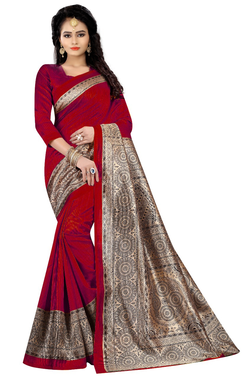 Kalamkari Design 3 Bhagalpuri Printed Saree - Khadi Silk Material Length 5.5 Mtr Blouse Length 0.8 Mtr Colors: Pink & Red | Closure: Laces Style: Other Indian Pattern: Printed