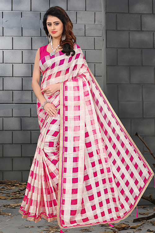 Jaya Organza Check Saree - Organza Material, Length: 5.5 Mtr, Blouse Length: 0.8 Mtr | Features: Color Options Red, Purple, Green, Pink, Closure: Laces, Checked Pattern