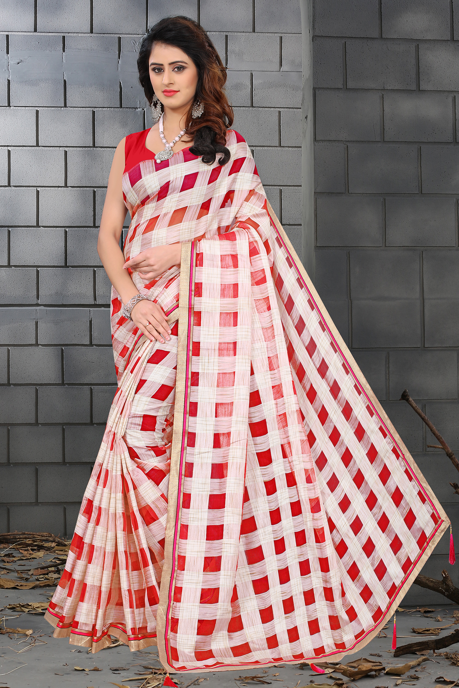Jaya Organza Check Saree - Organza Material, Length: 5.5 Mtr, Blouse Length: 0.8 Mtr | Features: Color Options Red, Purple, Green, Pink, Closure: Laces, Checked Pattern