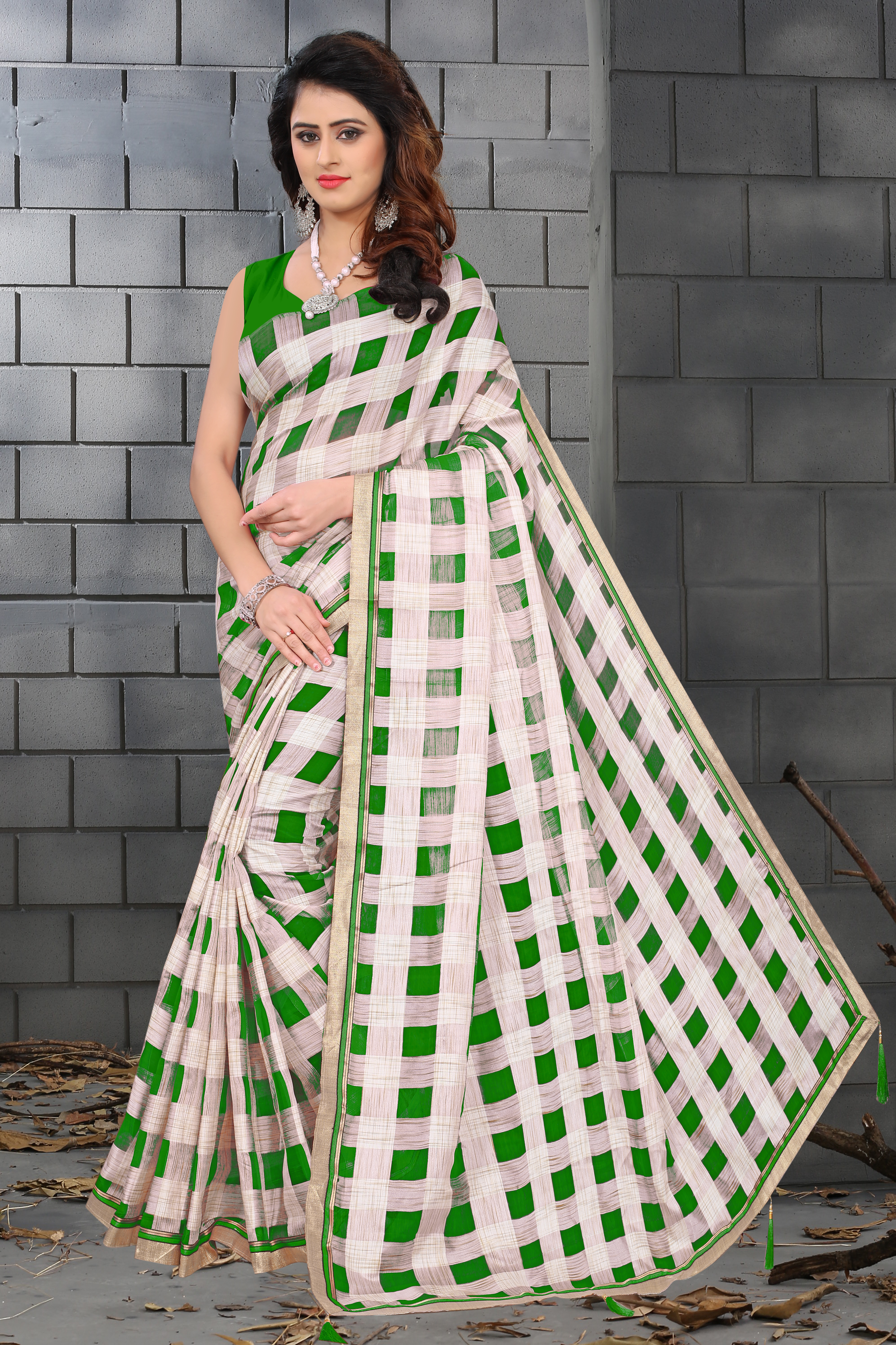 Jaya Organza Check Saree - Organza Material, Length: 5.5 Mtr, Blouse Length: 0.8 Mtr | Features: Color Options Red, Purple, Green, Pink, Closure: Laces, Checked Pattern