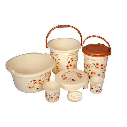 Bathroom Set - Plastic Material, Cream Color with Floral Design | 7 Piece Set, Easy to Clean and Unbreakable
