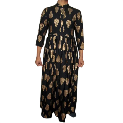 Block Print Rayon Fabric Black Ladies Kurta