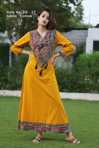 Yellow Designer Printed Cotton Kurti