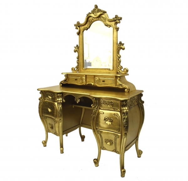 Golden Dressing Table - Copper With Solid Wood , 24-carat Pure Gold Plated Finish, Intricate Engraving, Scratch-resistant Mirror, Customizable Size