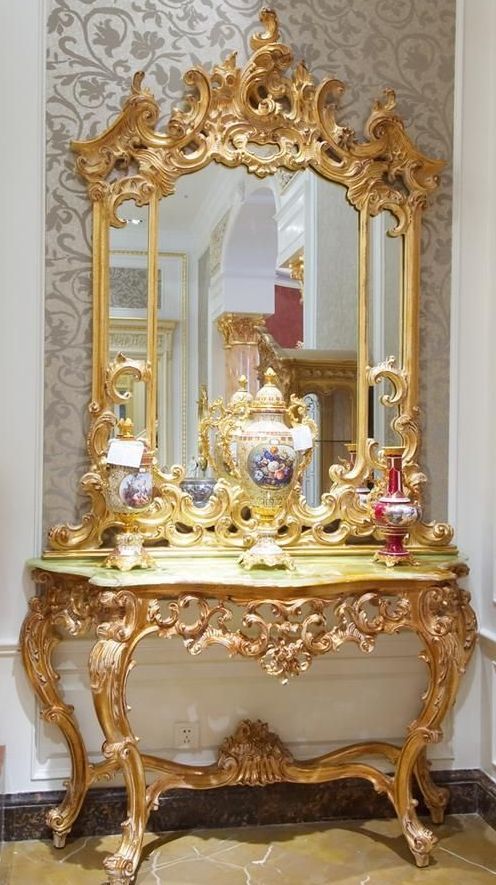 Golden Dressing Table - Copper With Solid Wood , 24-carat Pure Gold Plated Finish, Intricate Engraving, Scratch-resistant Mirror, Customizable Size
