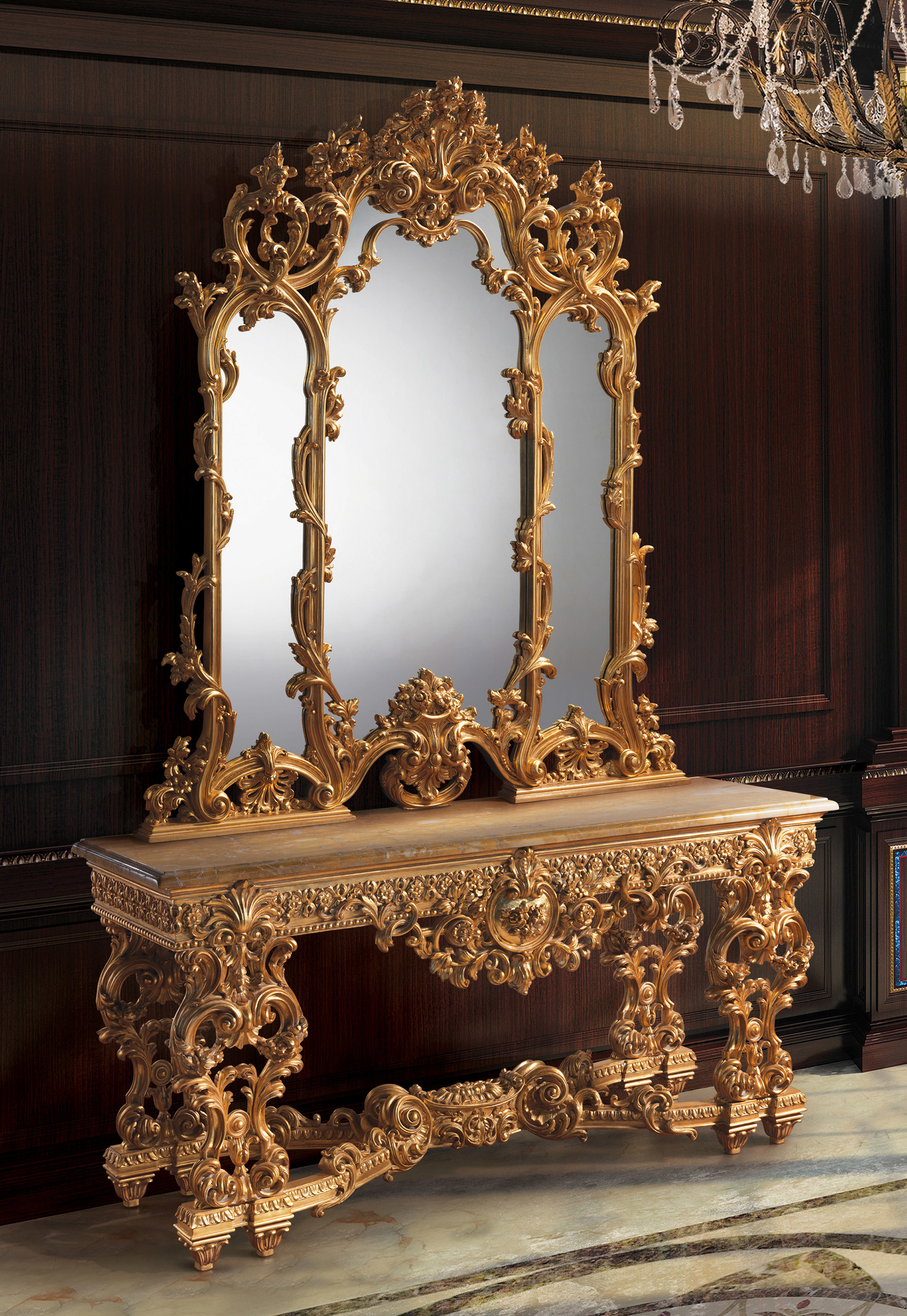 Golden Dressing Table - Copper With Solid Wood , 24-carat Pure Gold Plated Finish, Intricate Engraving, Scratch-resistant Mirror, Customizable Size