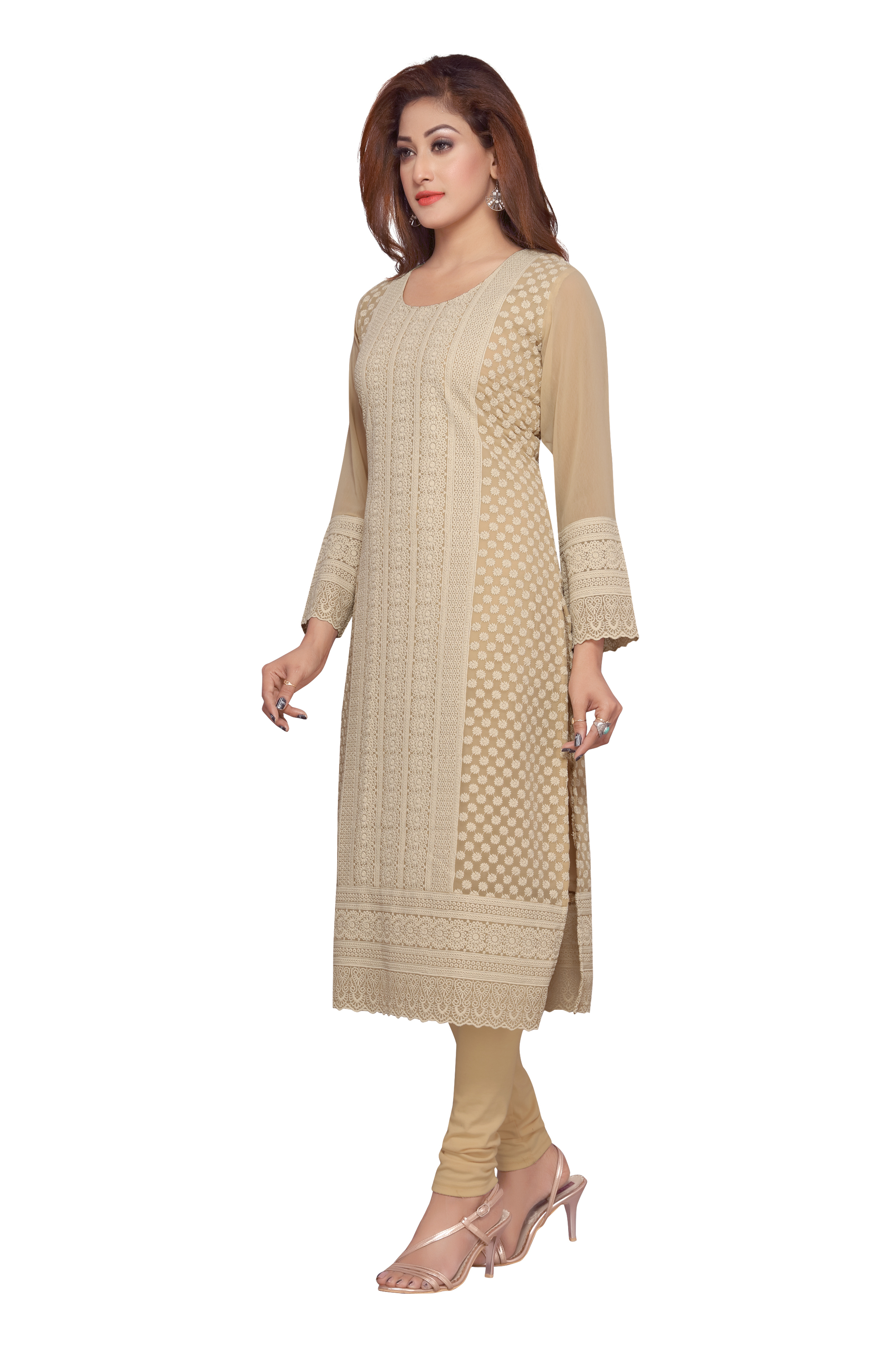 Printed Cotton Kurtis - Cotton, 45 Inches, Beige | Chikankari Embroidery, Breathable Fabric, Round Neck, 3/4 Sleeves, Regular Fit