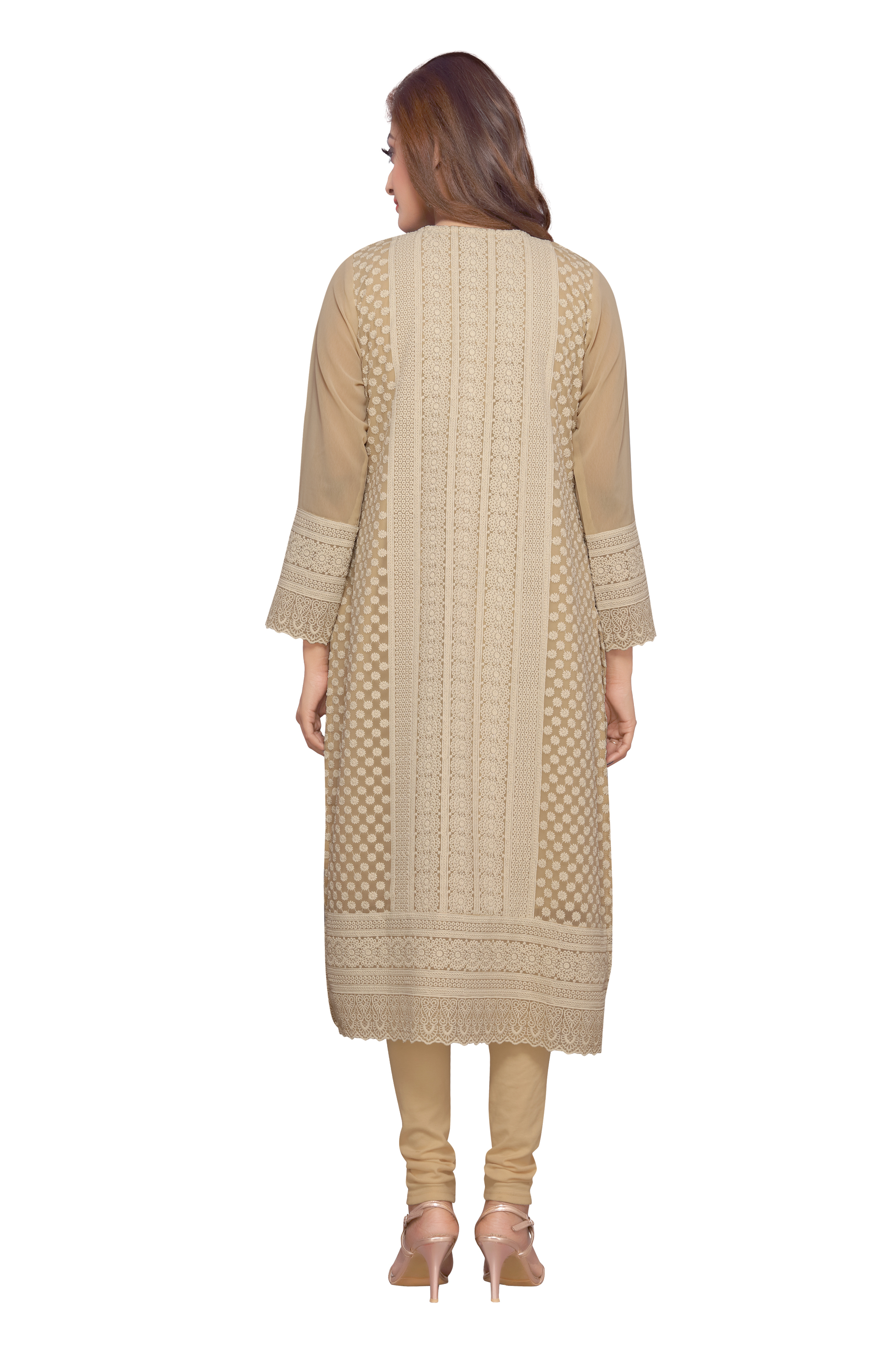 Printed Cotton Kurtis - Cotton, 45 Inches, Beige | Chikankari Embroidery, Breathable Fabric, Round Neck, 3/4 Sleeves, Regular Fit