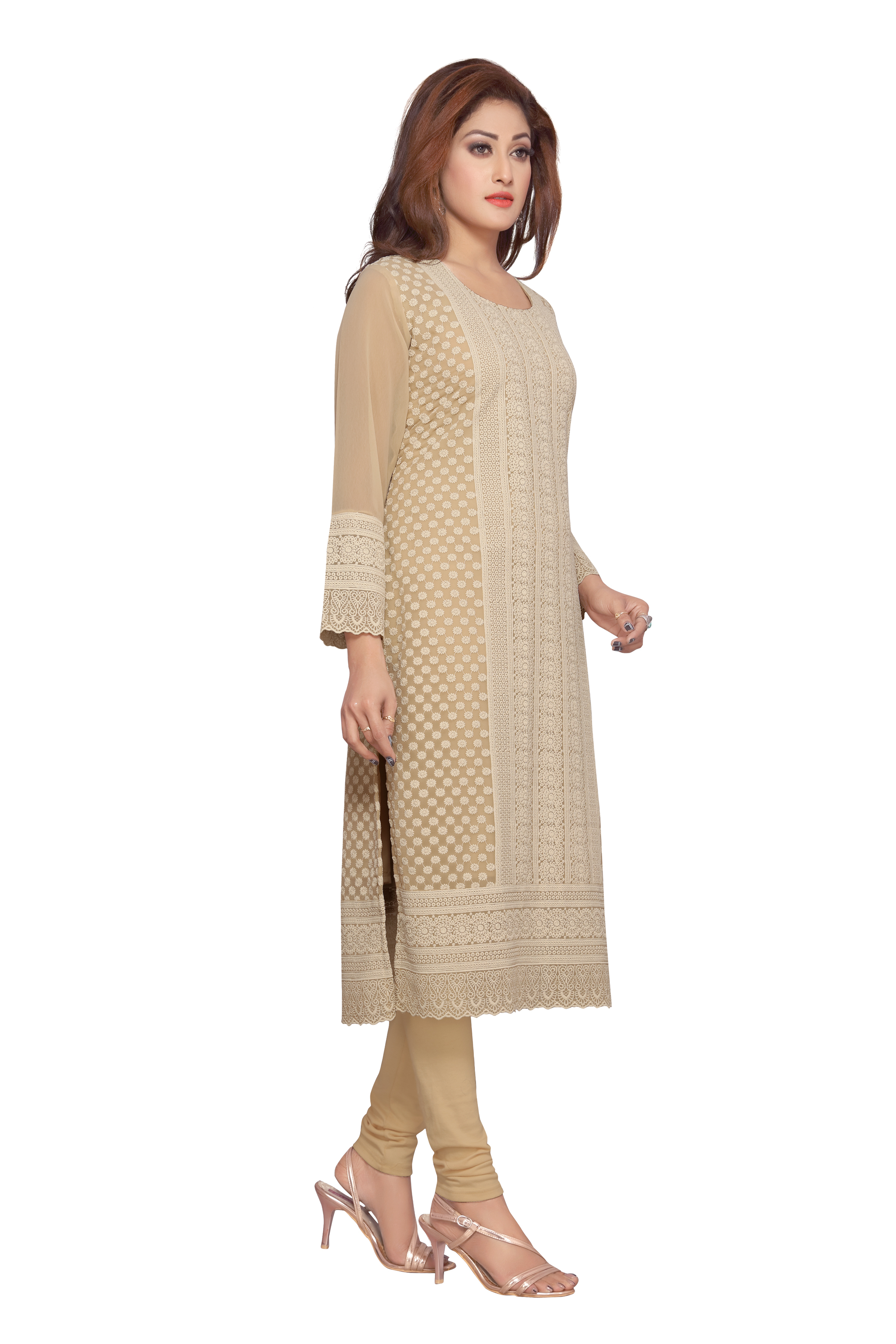 Printed Cotton Kurtis - Cotton, 45 Inches, Beige | Chikankari Embroidery, Breathable Fabric, Round Neck, 3/4 Sleeves, Regular Fit