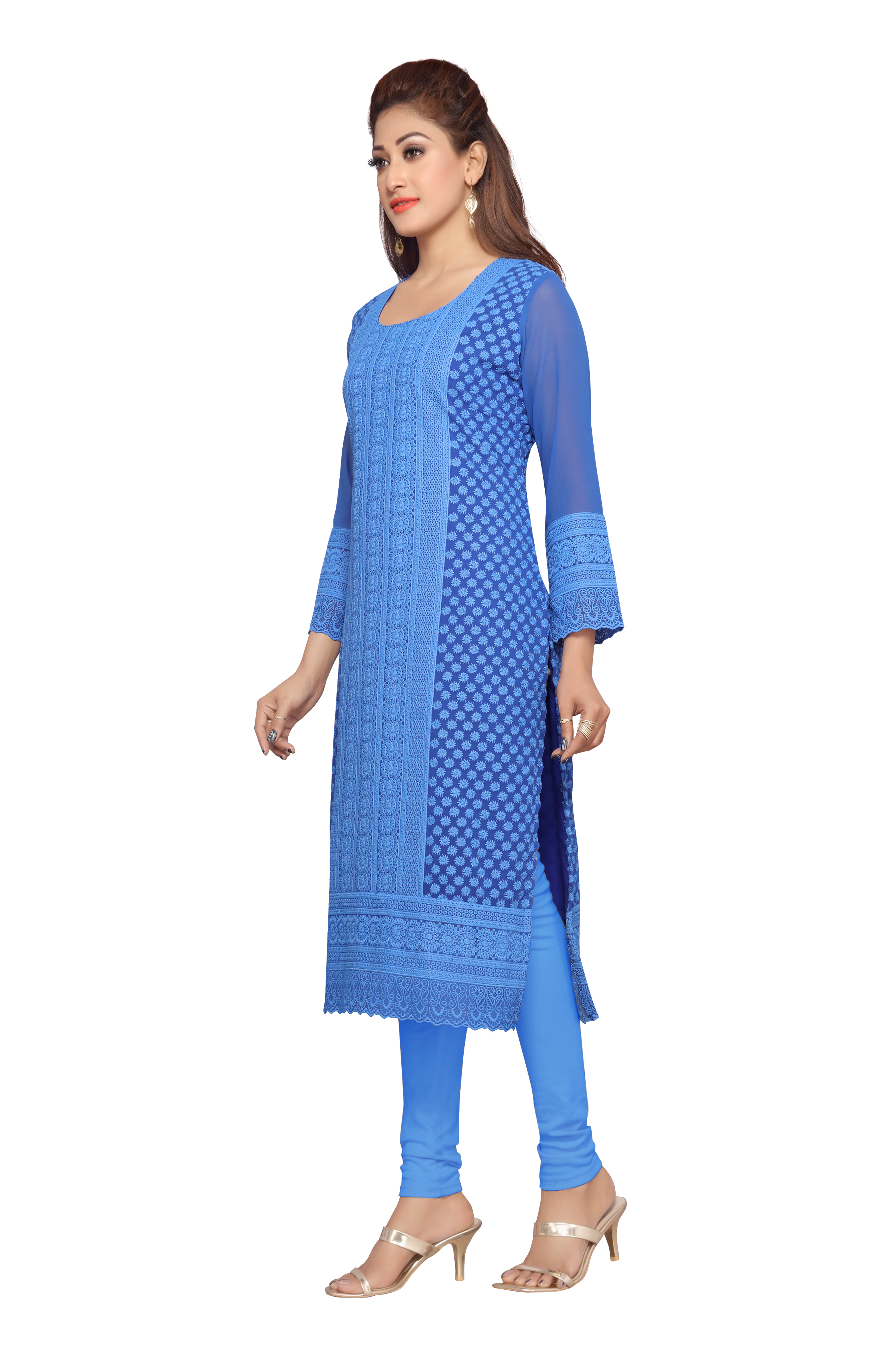 Embroidered Kurtis - Cotton, 44 Inches, Blue | Chikankari Embroidery, Elegant Design, Soft Fabric, Comfortable Fit, Stylish Look