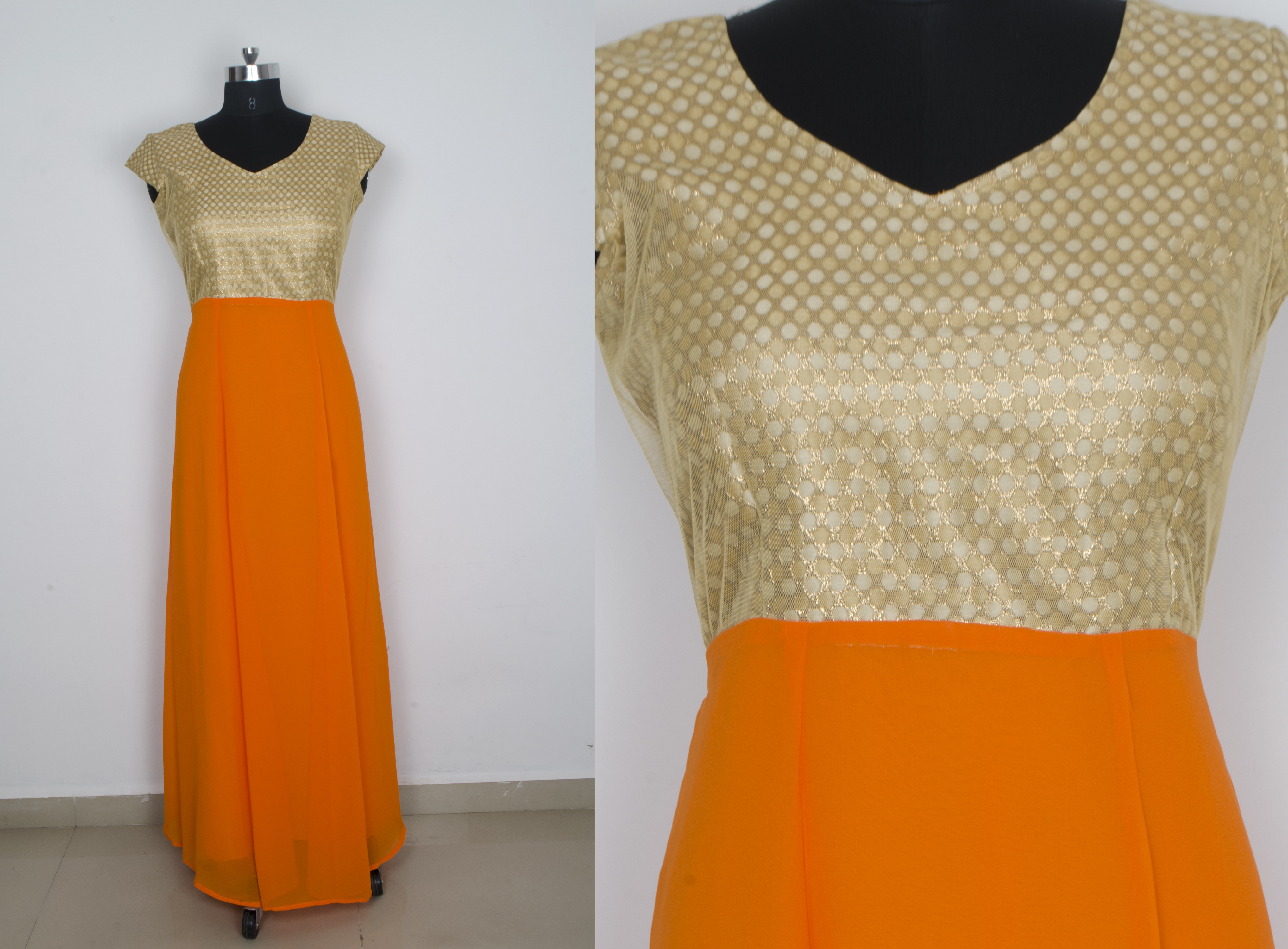 Exclusive Designer Georgette Blue Frock Suit - 56 Inch Length, Orange Sleeveless Traditional Dress | No Fade, Washable, All Season Wear, Available In Multiple Sizes