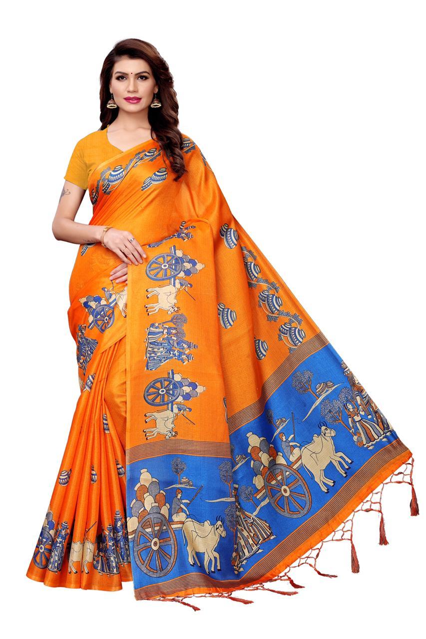 Matki Colour Combination Silk Saree - Khadi Silk 5.5 Mtr Fabric Length Sky Blue Red Orange Yellow Colors Beaded Closure Printed Pattern