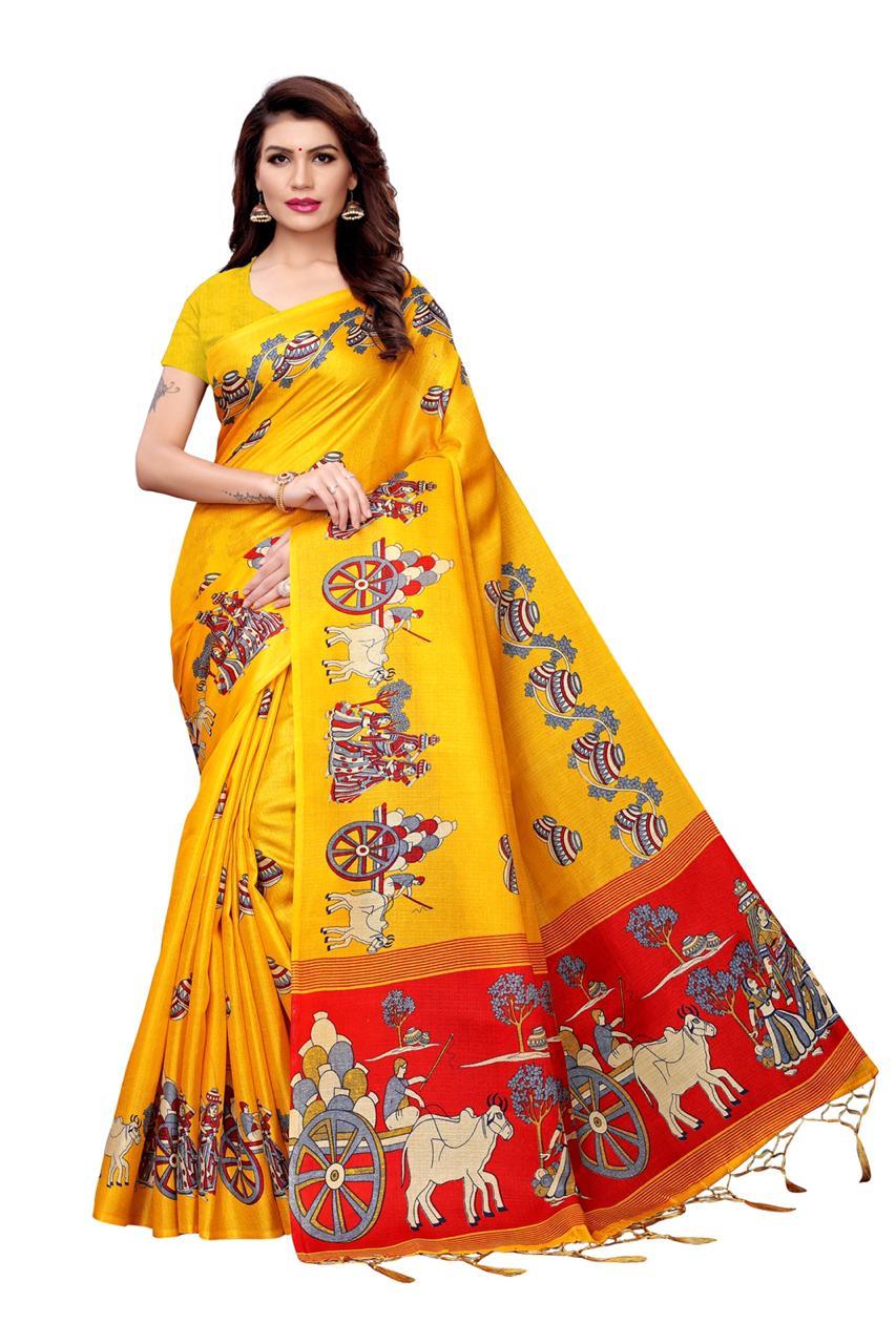 Matki Colour Combination Silk Saree - Khadi Silk 5.5 Mtr Fabric Length Sky Blue Red Orange Yellow Colors Beaded Closure Printed Pattern