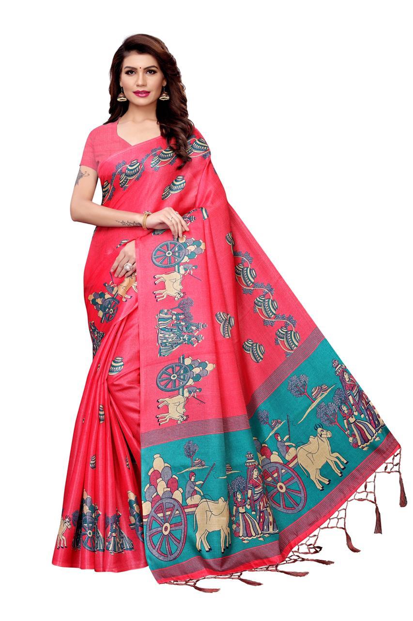 Matki Colour Combination Silk Saree - Khadi Silk 5.5 Mtr Fabric Length Sky Blue Red Orange Yellow Colors Beaded Closure Printed Pattern