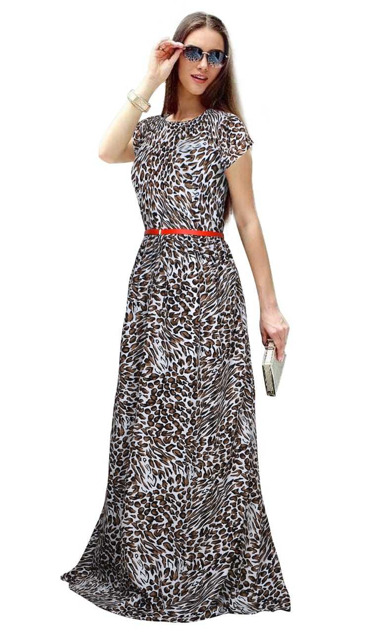 Exclusive Designer Frock Suit - Crepe, 55-56 Inch Length | Chiku Color, Sleeveless, Printed Pattern, No Fade, Washable, All Season