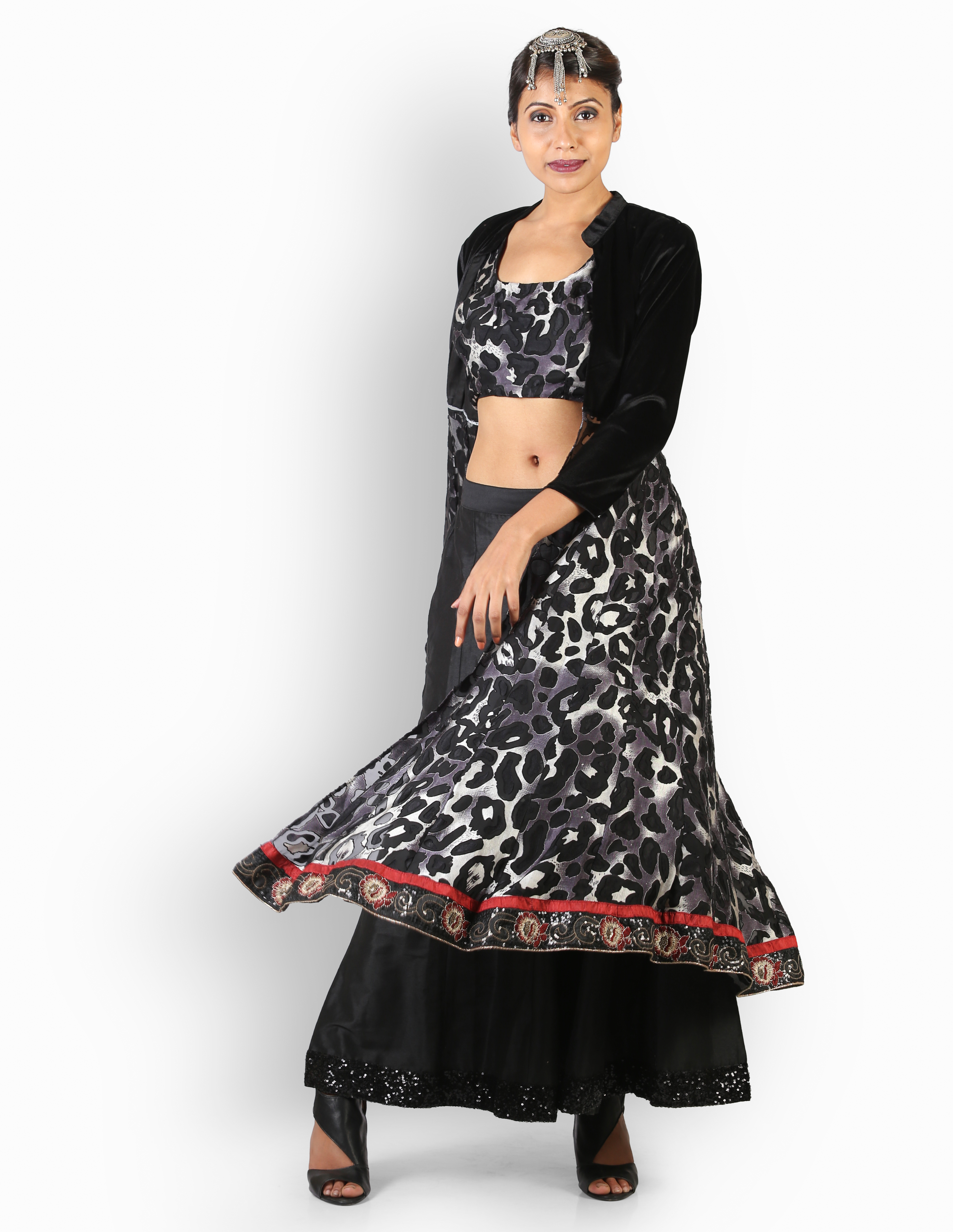 Designer Long Shrug Lehnga Choli - Spandex Material, Full Sleeves, Black Color | Quick Dry, Embroidered Pattern, Casual Dress Type