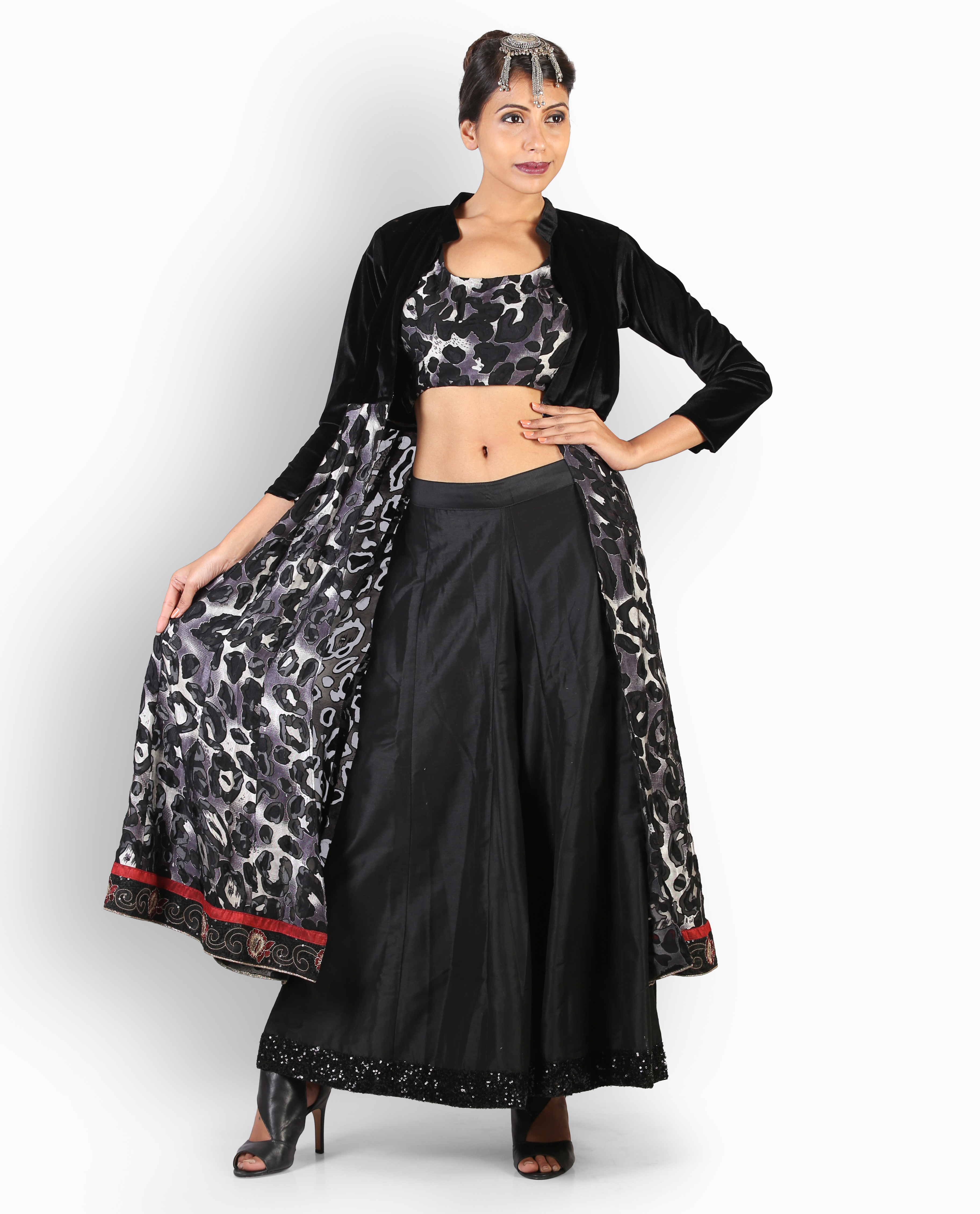 Designer Long Shrug Lehnga Choli - Spandex Material, Full Sleeves, Black Color | Quick Dry, Embroidered Pattern, Casual Dress Type