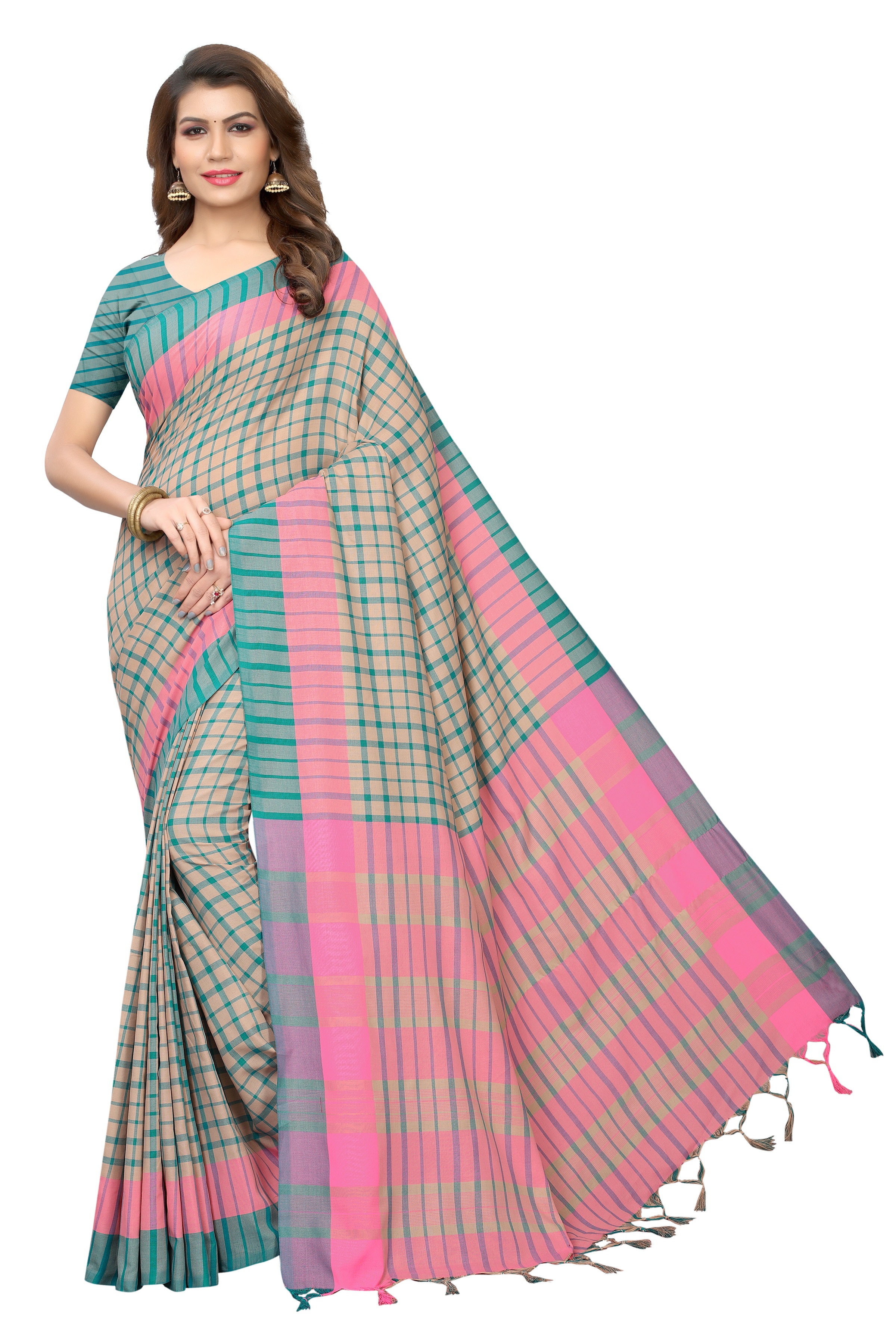 Terra Check Printed Cotton Silk Saree - 5.5 Mtr Length, 0.8 Mtr Blouse | Beaded Laces, Multicolor Patterns, Elegant Indian Style