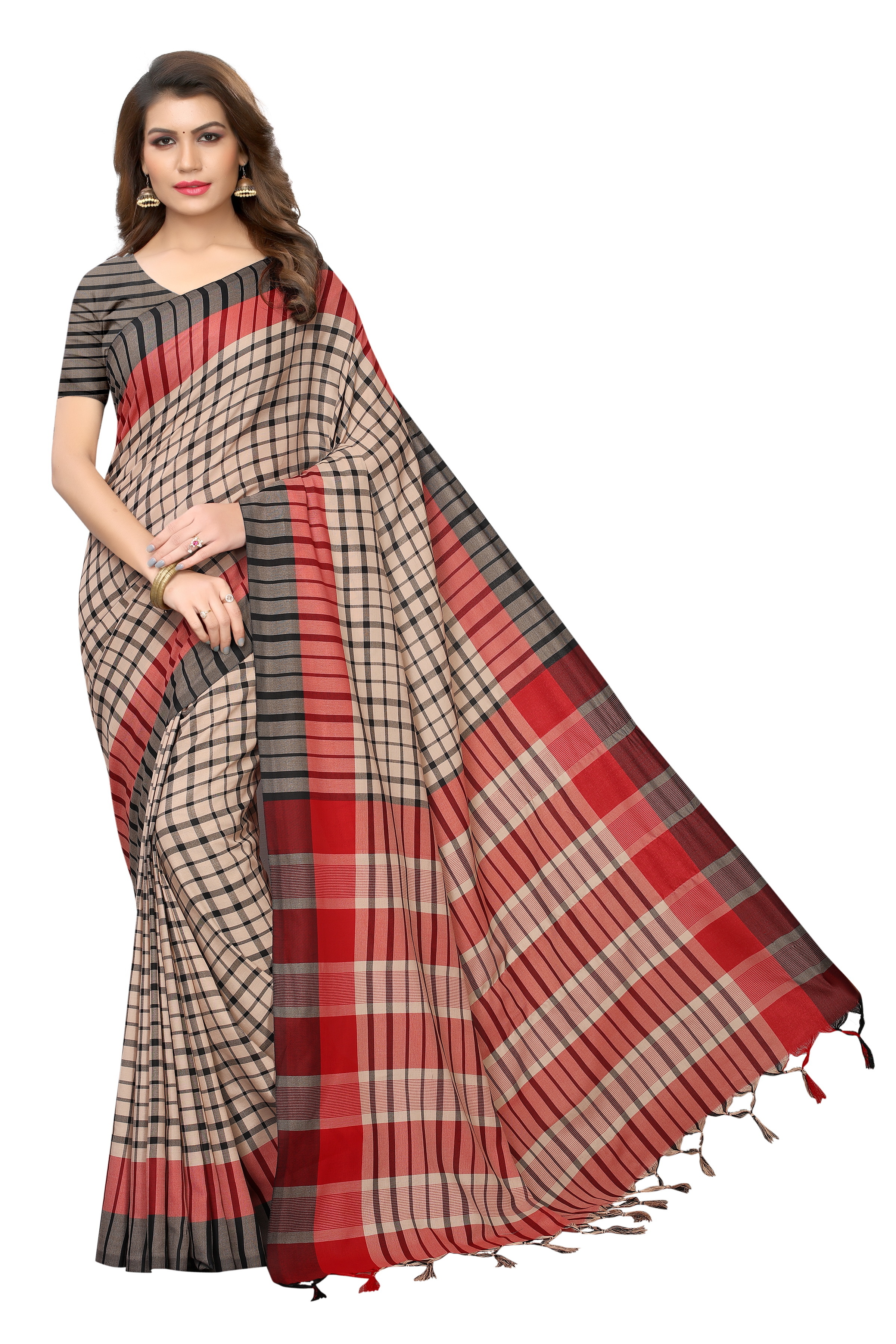 Terra Check Printed Cotton Silk Saree - 5.5 Mtr Length, 0.8 Mtr Blouse | Beaded Laces, Multicolor Patterns, Elegant Indian Style