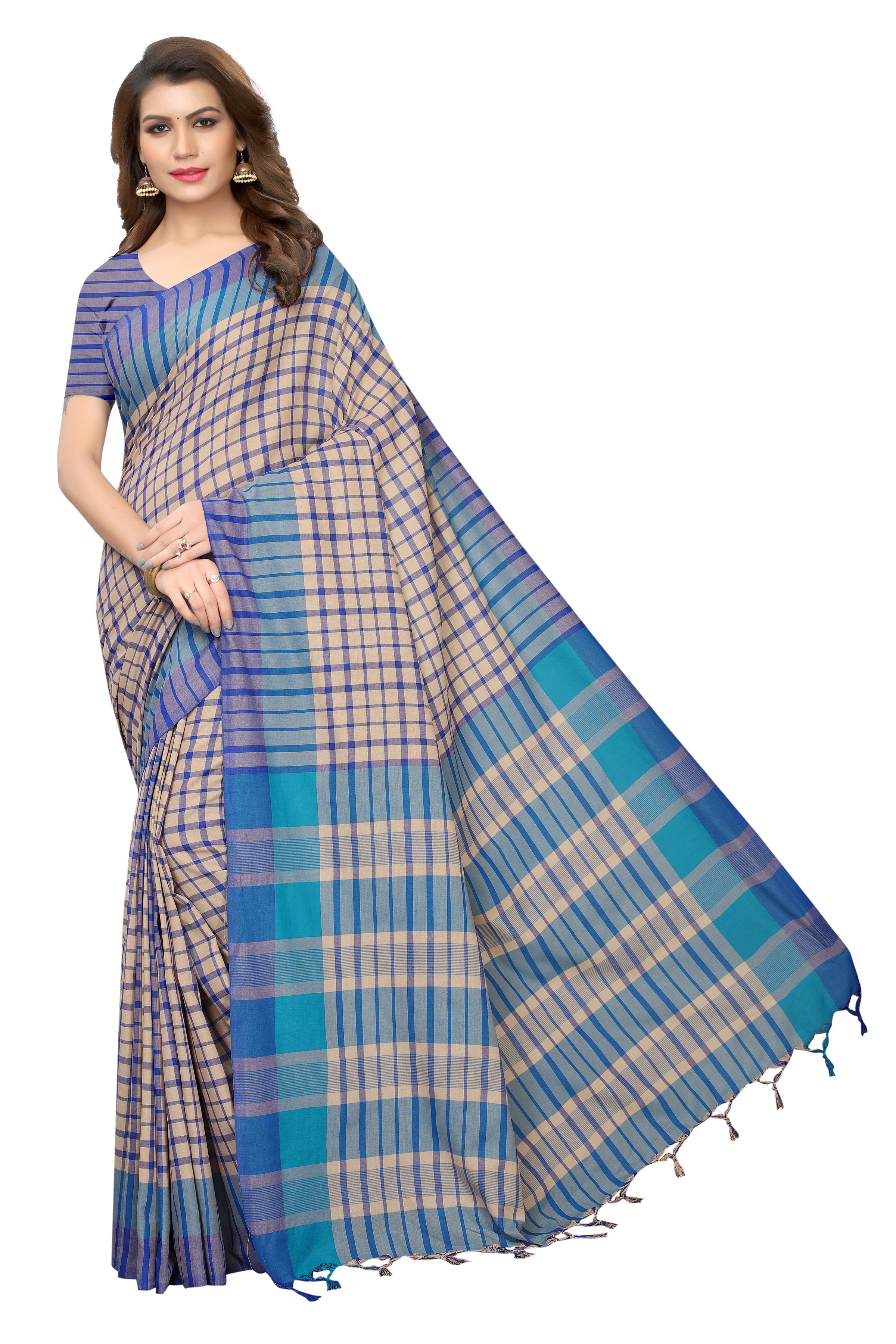 Terra Check Printed Cotton Silk Saree - 5.5 Mtr Length, 0.8 Mtr Blouse | Beaded Laces, Multicolor Patterns, Elegant Indian Style