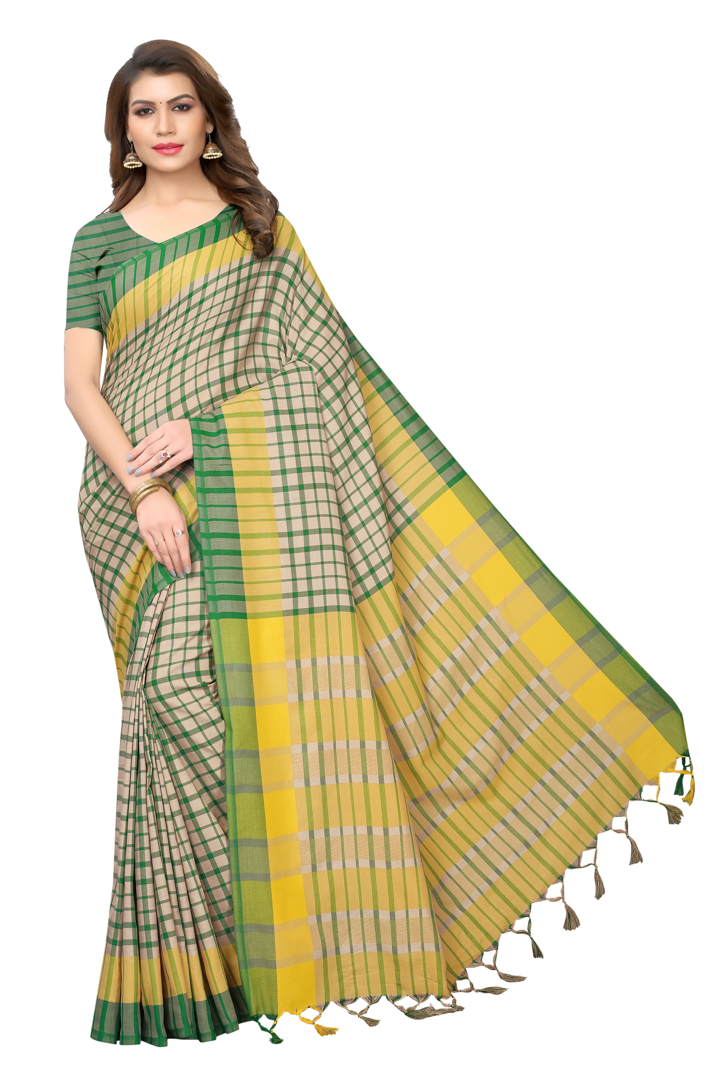 Terra Check Printed Cotton Silk Saree - 5.5 Mtr Length, 0.8 Mtr Blouse | Beaded Laces, Multicolor Patterns, Elegant Indian Style