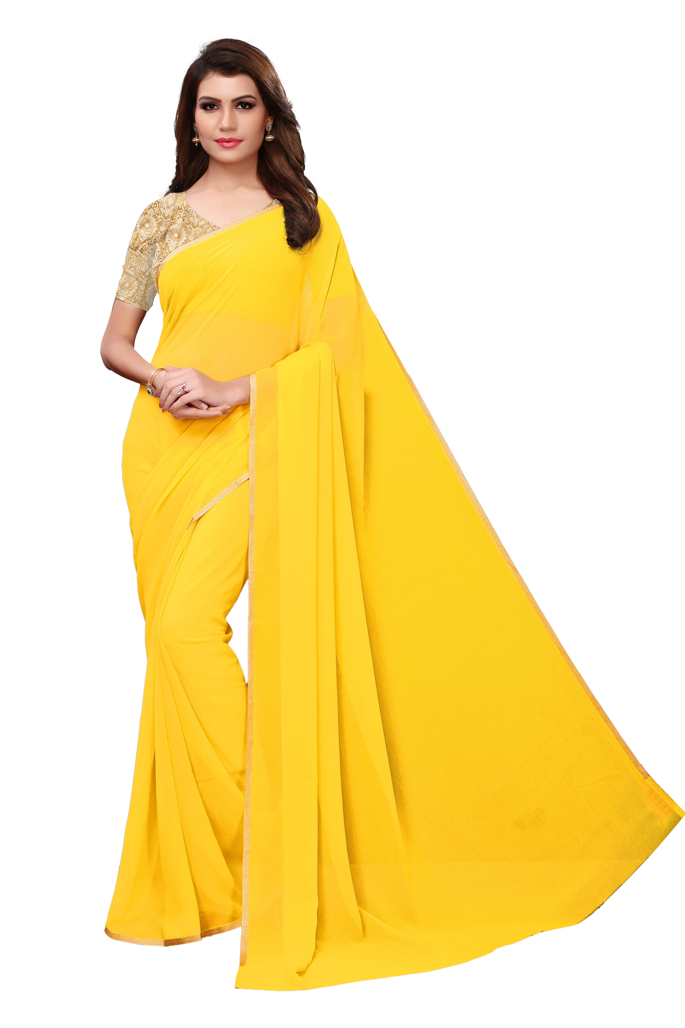 Solid Embroidery Silk Saree - Chiffon Fabric 5.5 Mtr Length, Gajri, Orange, Red, Parrot, Yellow Colors, Laces Closure, Stone Work Pattern