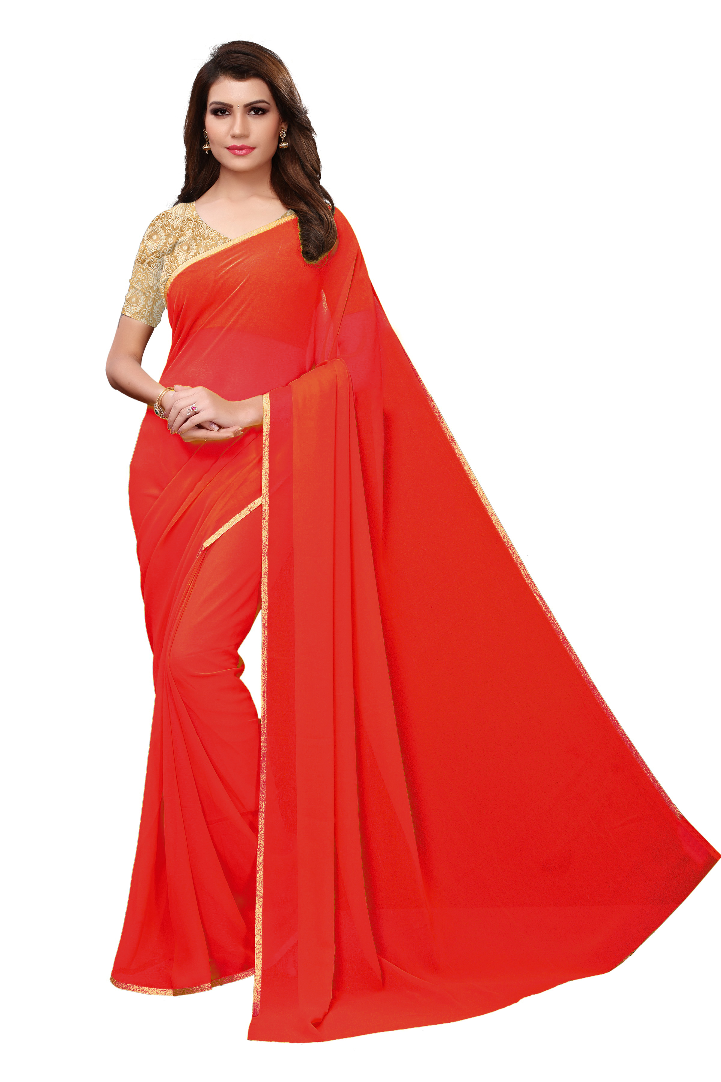 Solid Embroidery Silk Saree - Chiffon Fabric 5.5 Mtr Length, Gajri, Orange, Red, Parrot, Yellow Colors, Laces Closure, Stone Work Pattern