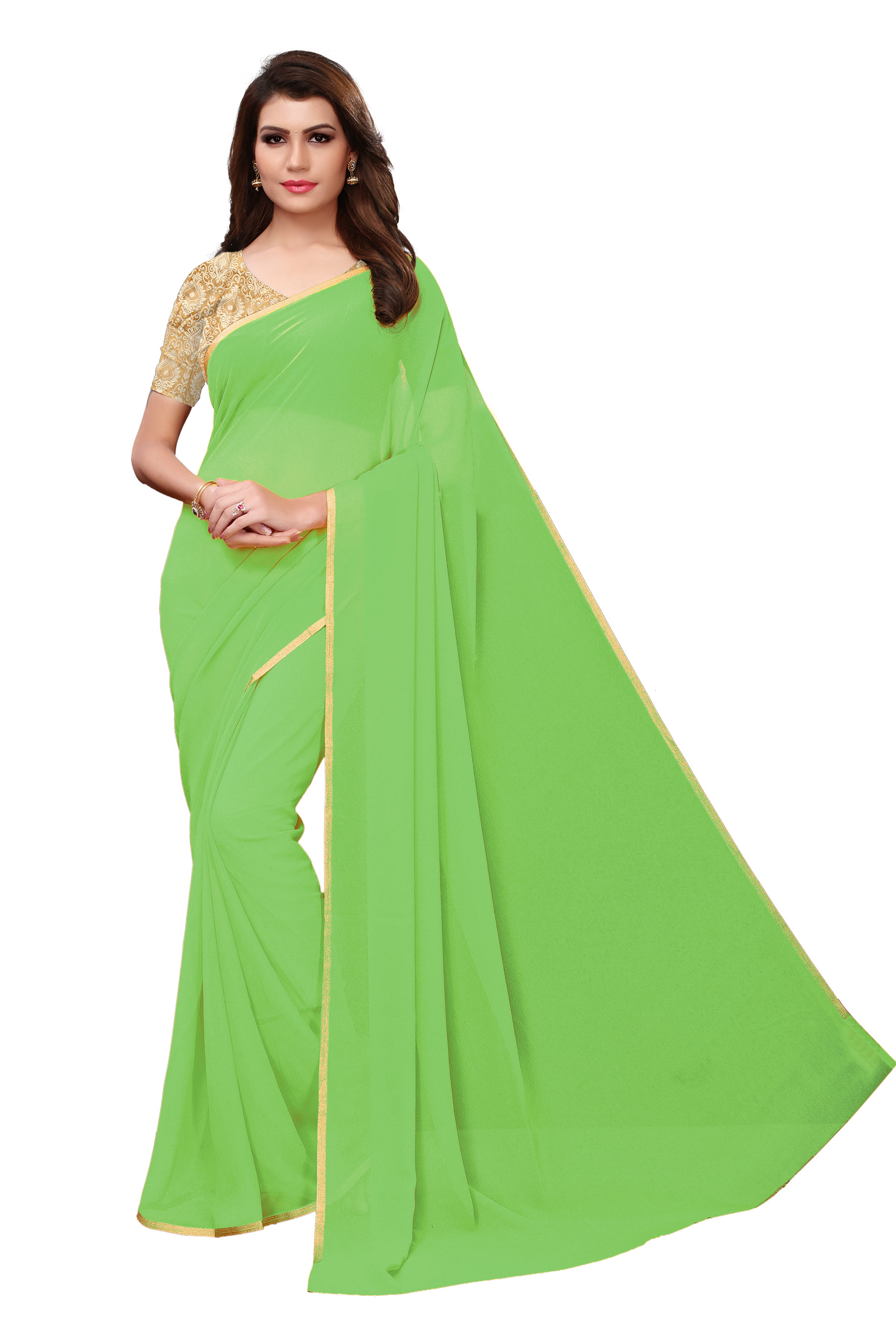 Solid Embroidery Silk Saree - Chiffon Fabric 5.5 Mtr Length, Gajri, Orange, Red, Parrot, Yellow Colors, Laces Closure, Stone Work Pattern