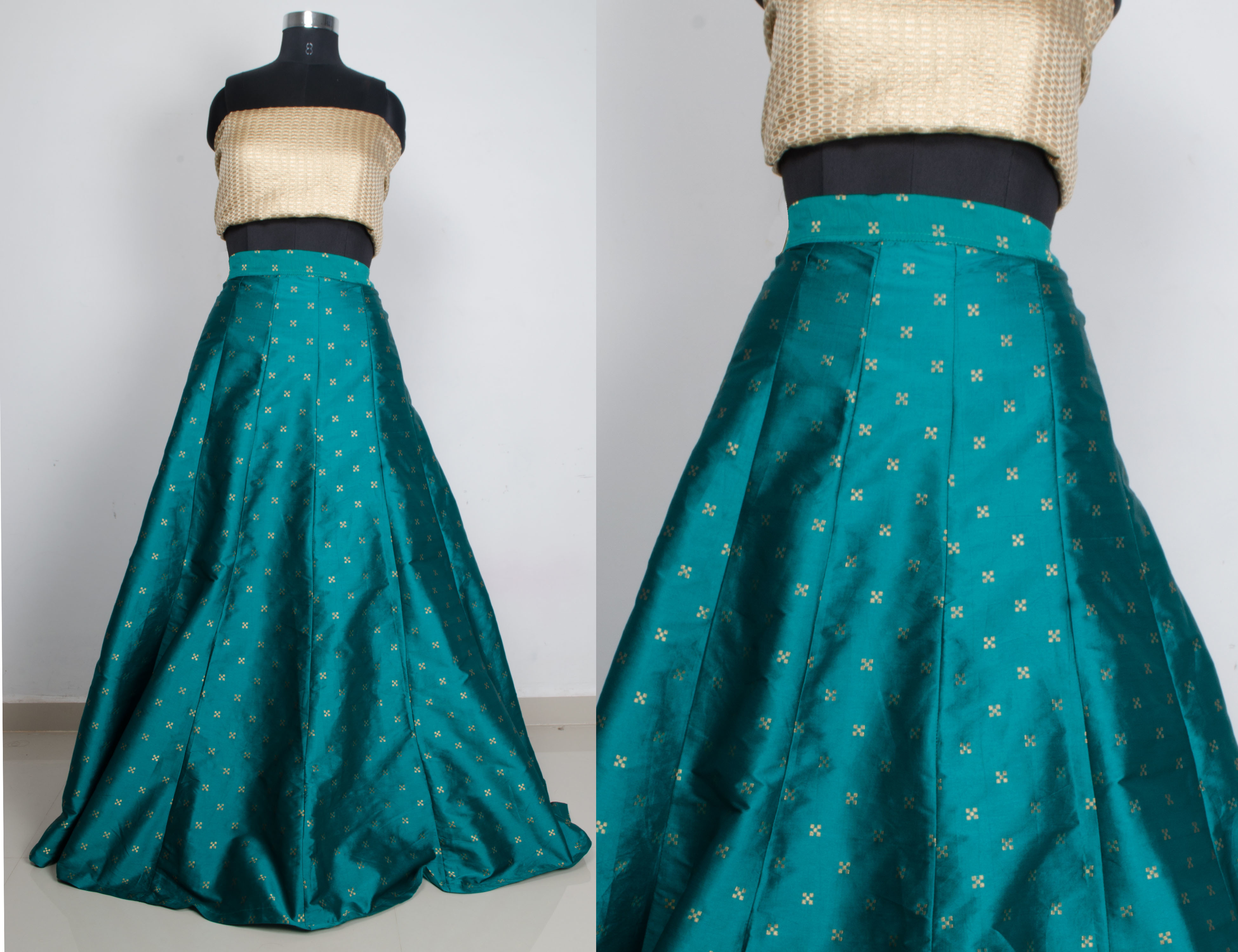 C-green Silk Long Skirts