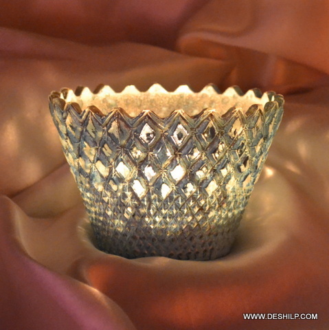 Silver Coated Small T Light Candle Holder - Material: Glass