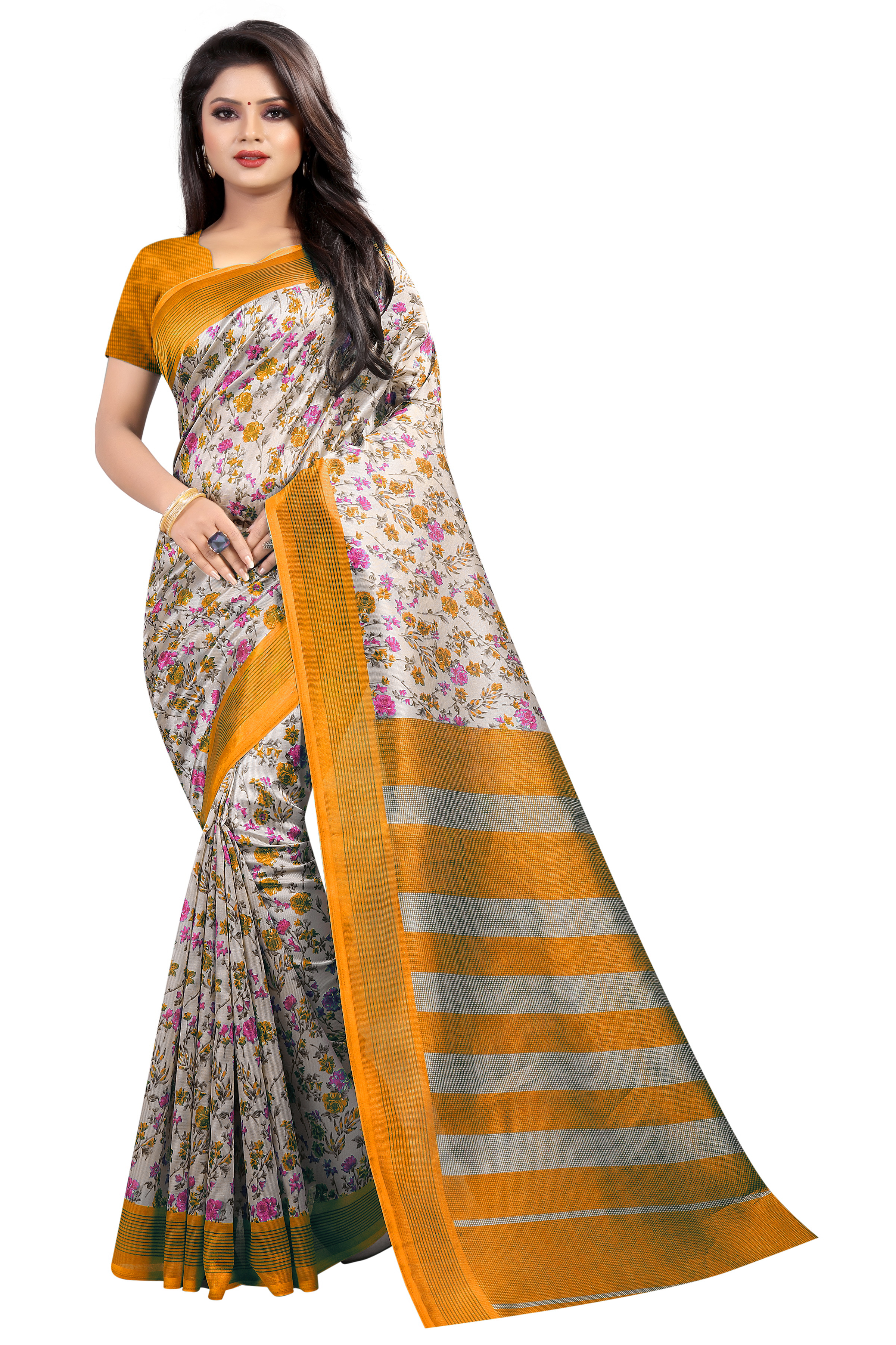 Kashmira Mysore Art Silk Saree - Length 5.5 Mtr, Blouse Length 0.8 Mtr | Closure: Laces, Color: Rama, Pink, Red, Yellow, Pattern: Printed, Style: Other Indian