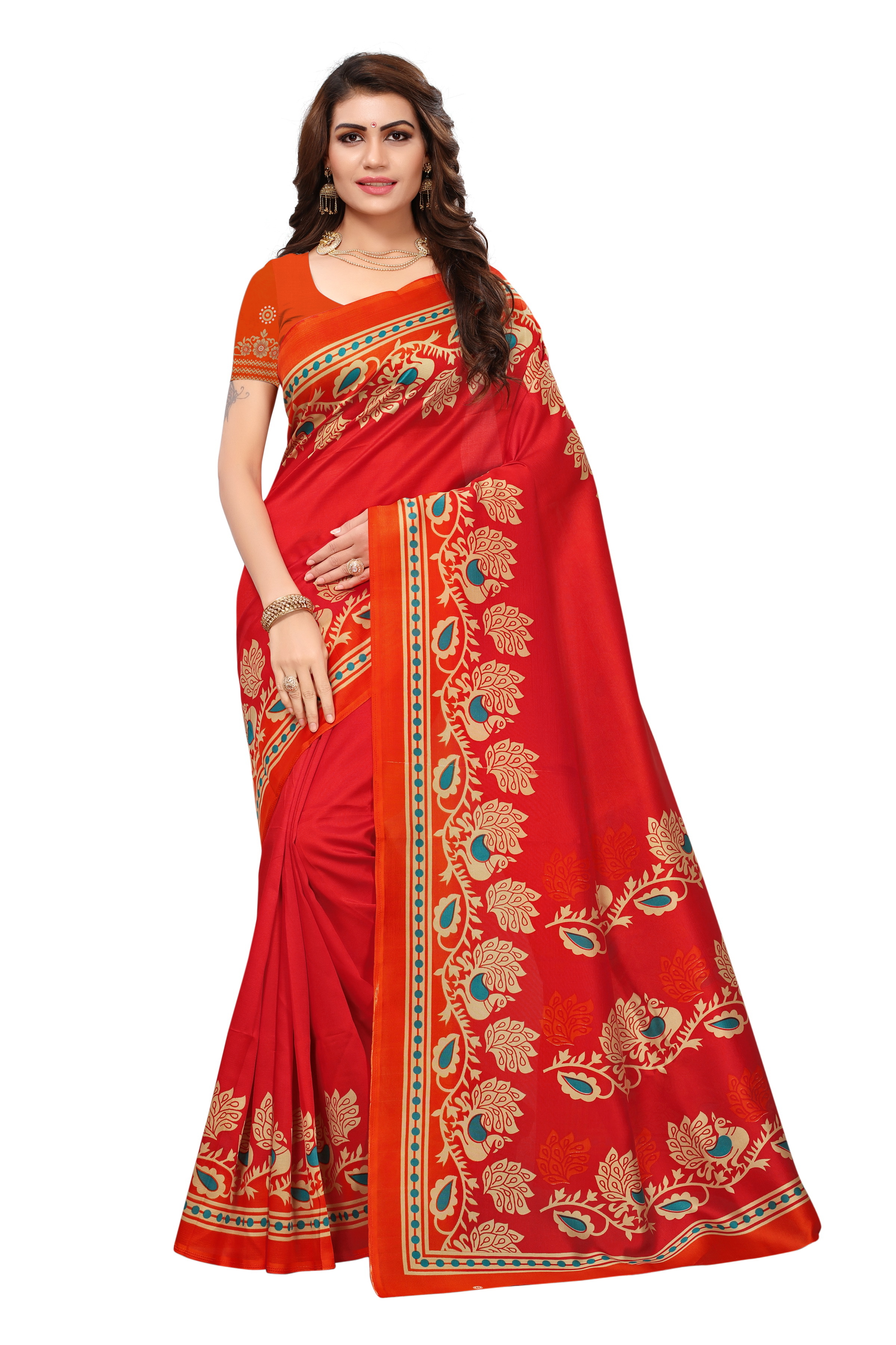 Suhani Cotton Silk Saree - 5.5 Mtr Length, 0.8 Mtr Blouse | Multi Color, Art Silk Fabric, Printed Pattern, Patch Work Detailing