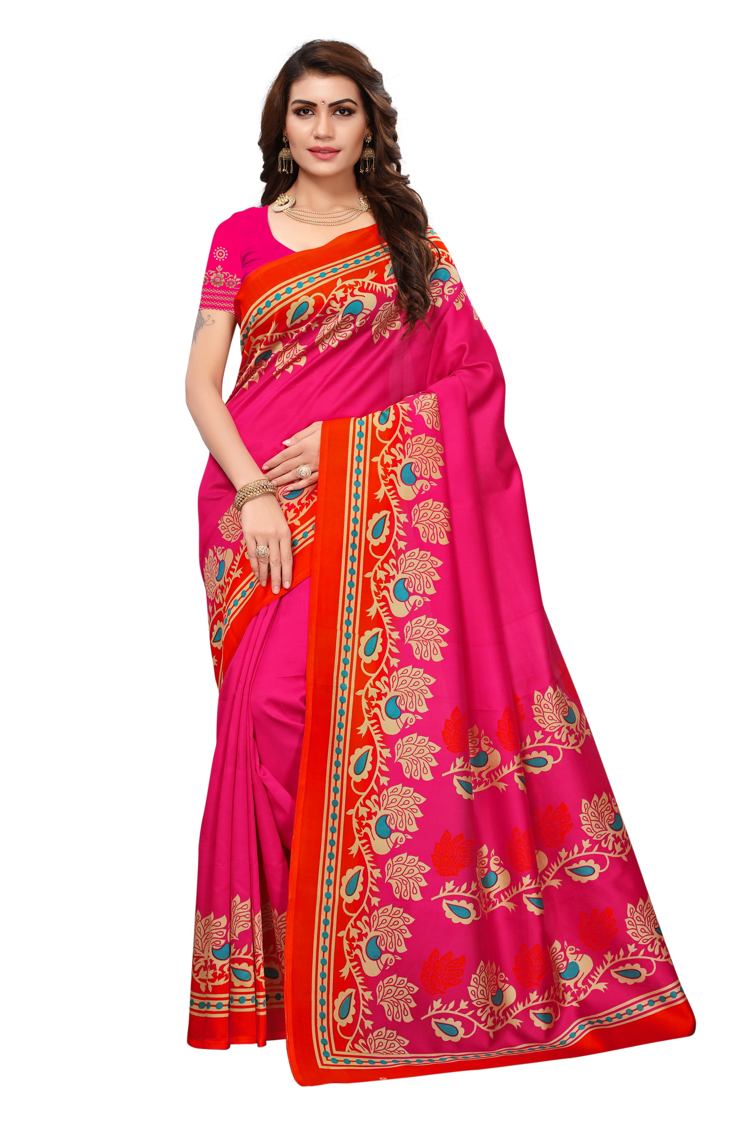 Suhani Cotton Silk Saree - 5.5 Mtr Length, 0.8 Mtr Blouse | Multi Color, Art Silk Fabric, Printed Pattern, Patch Work Detailing