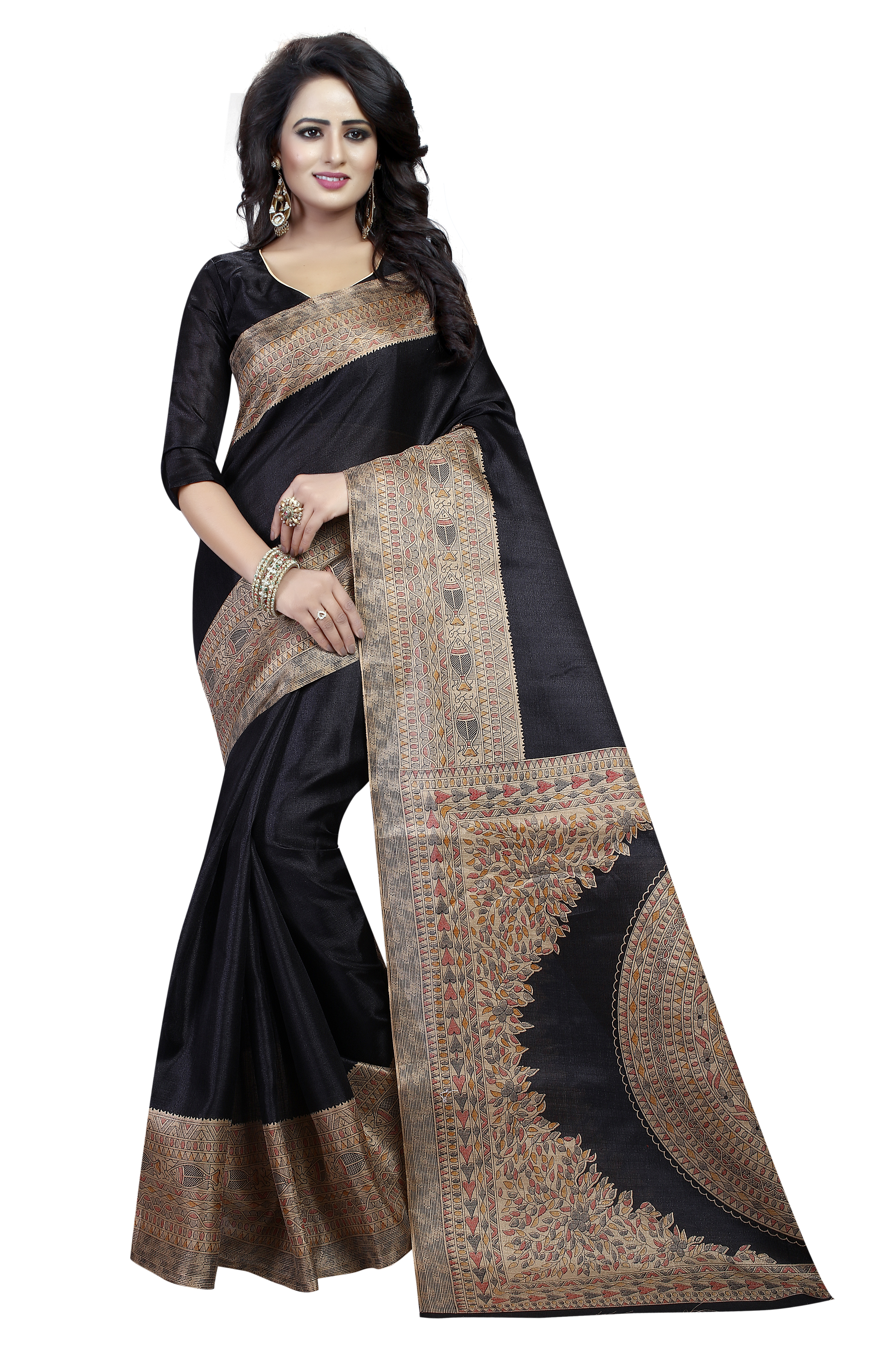 Fish Design Border Kalamkari Silk Saree - Khadi Silk, 5.5 Mtr Length, 0.8 Mtr Blouse, Black, Mustard, Navy, Rama, Wine, Maroon | Printed Pattern, Lace Closure, Stylish Indian Ethnic Wear