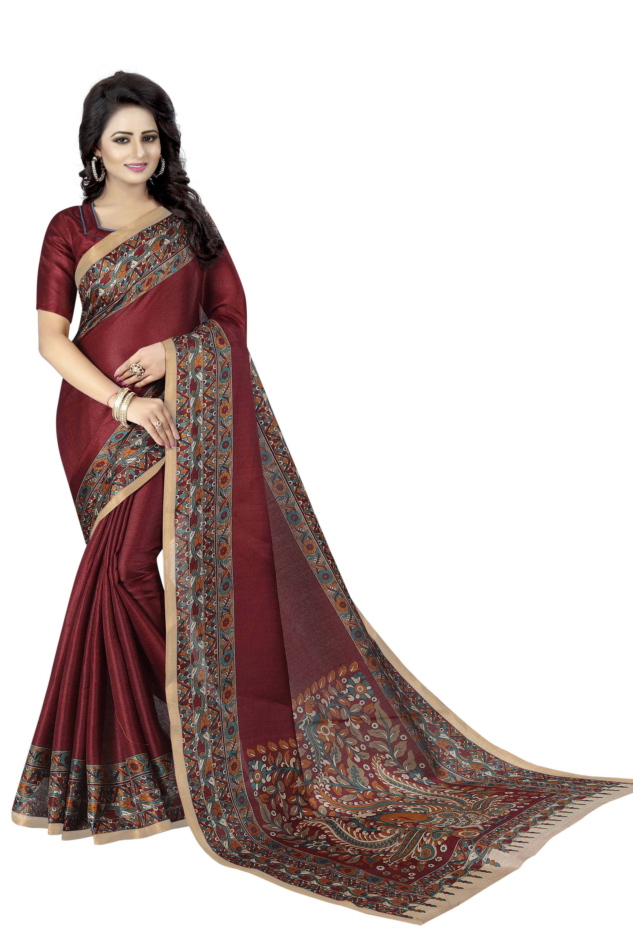 Designing Kalamkari Saree - Khadi Fabric 5.5 Mtr, Blouse 0.8 Mtr | Printed Pattern, Color Options: Black, Green, Maroon, Navy, Wine, Rama