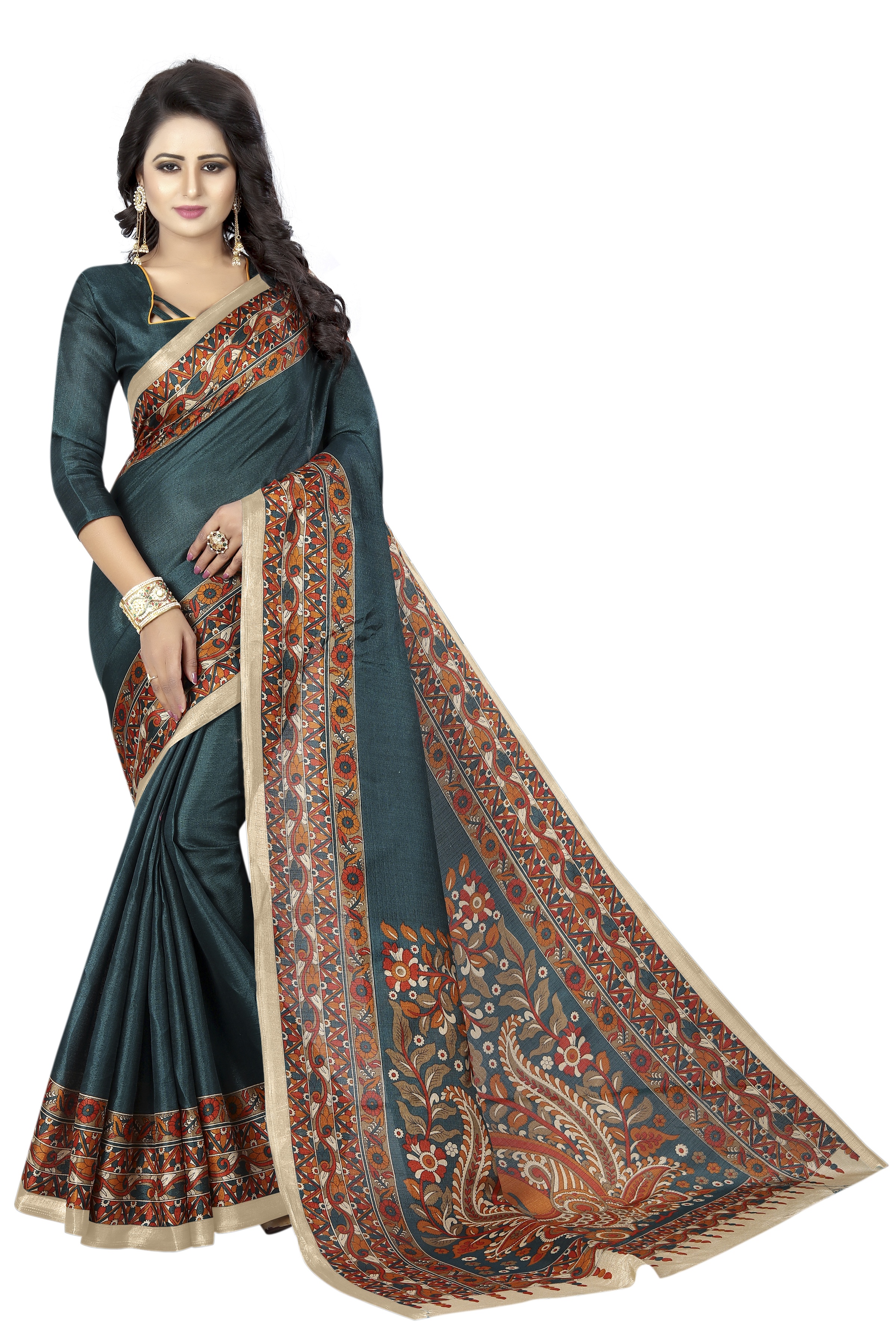 Designing Kalamkari Saree - Khadi Fabric 5.5 Mtr, Blouse 0.8 Mtr | Printed Pattern, Color Options: Black, Green, Maroon, Navy, Wine, Rama