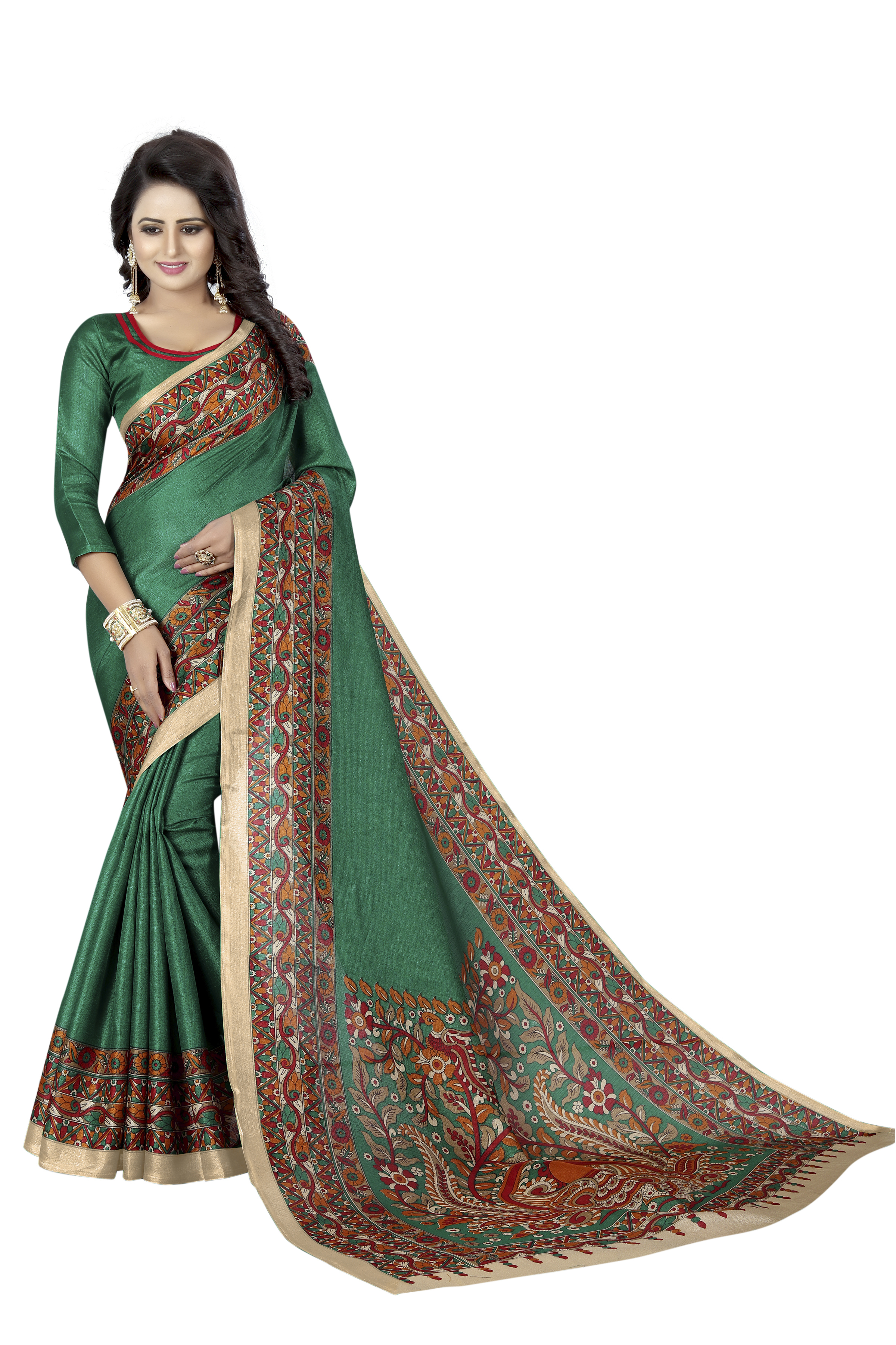 Designing Kalamkari Saree - Khadi Fabric 5.5 Mtr, Blouse 0.8 Mtr | Printed Pattern, Color Options: Black, Green, Maroon, Navy, Wine, Rama