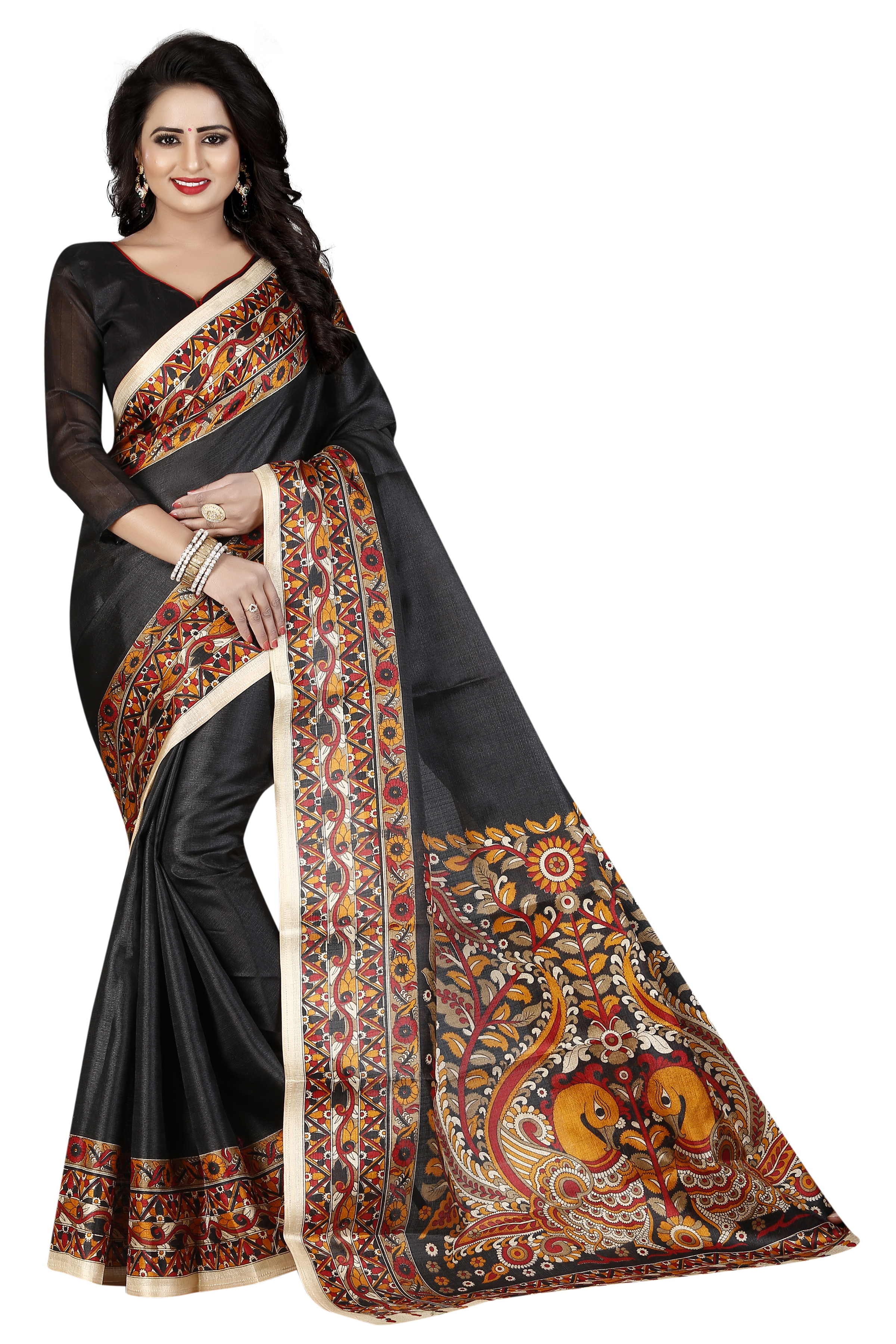 Designing Kalamkari Saree - Khadi Fabric 5.5 Mtr, Blouse 0.8 Mtr | Printed Pattern, Color Options: Black, Green, Maroon, Navy, Wine, Rama