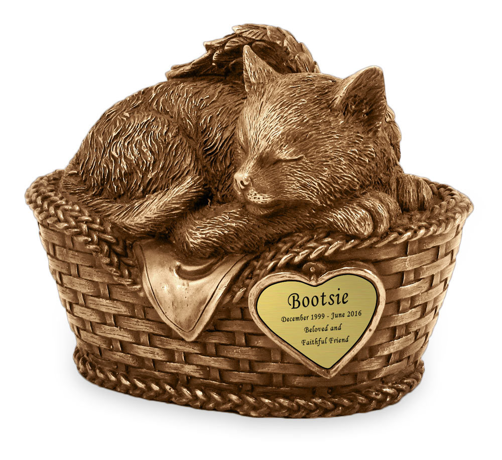 Sweet Kitty Cat Urn - Brass Metal, 7.5" H | Silver Finish, Bottom Loading Design